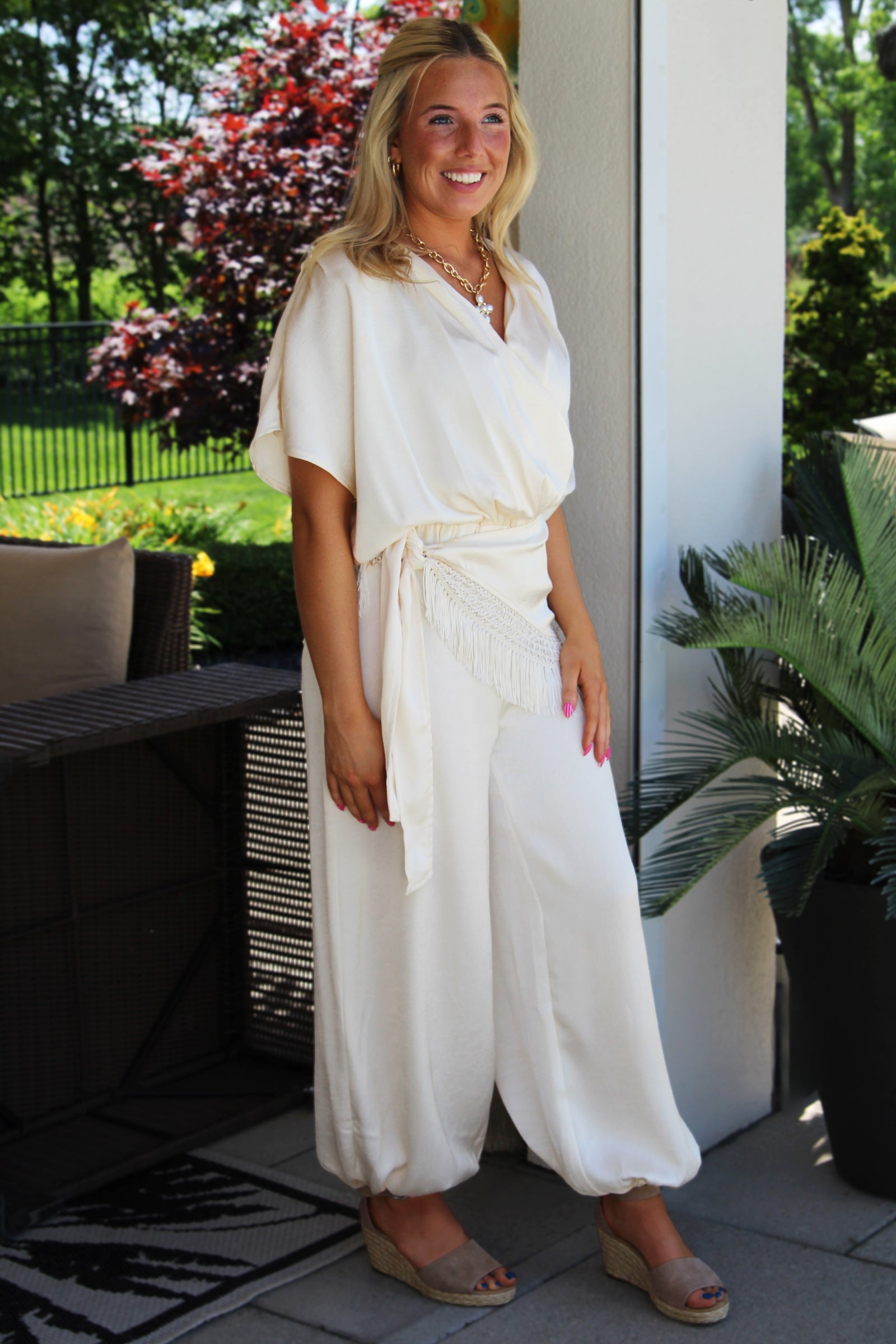 Silky Short Sleeve V-Neck Jumpsuit w/ Attached Fringe Trim Overlay