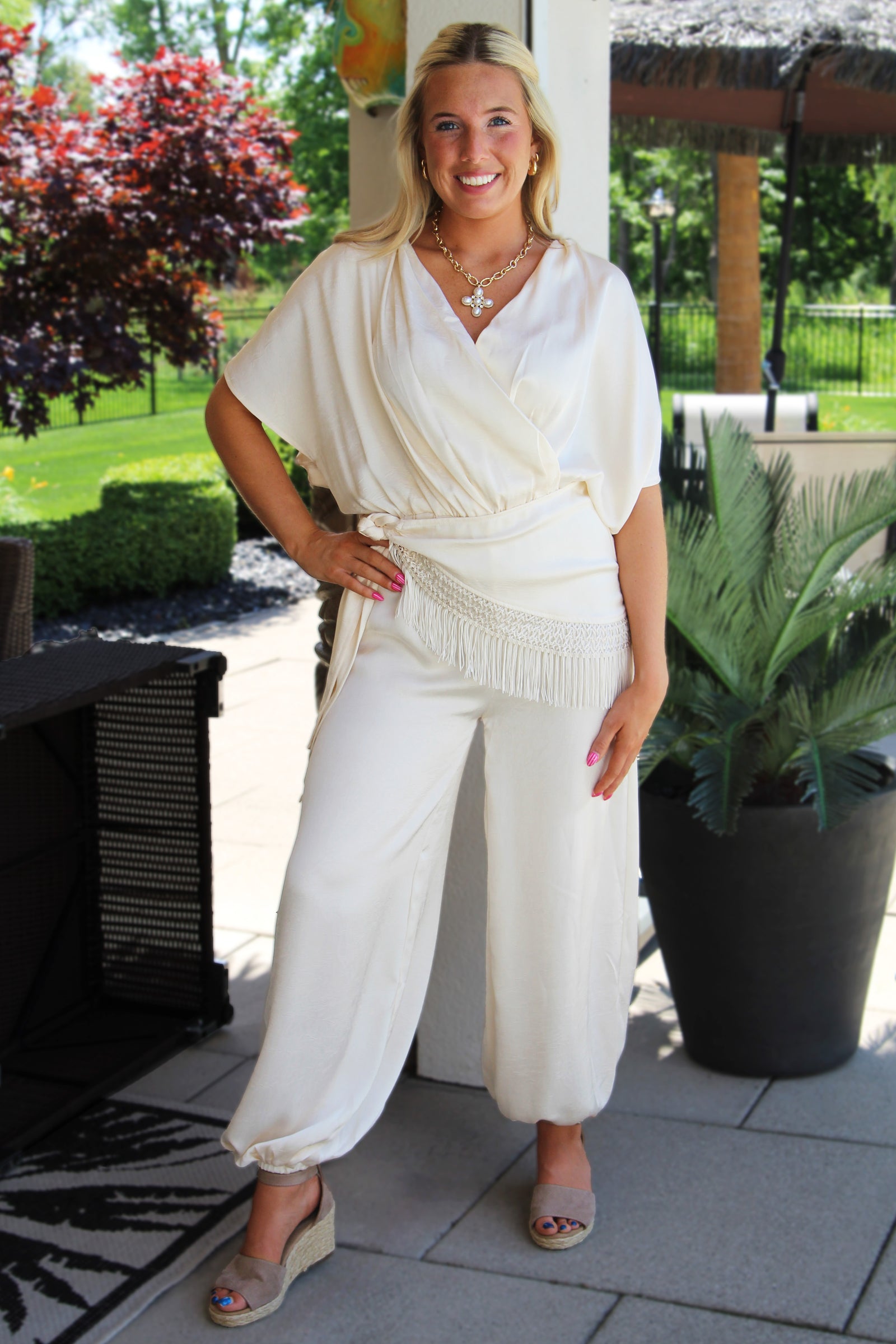 Silky Short Sleeve V-Neck Jumpsuit w/ Attached Fringe Trim Overlay