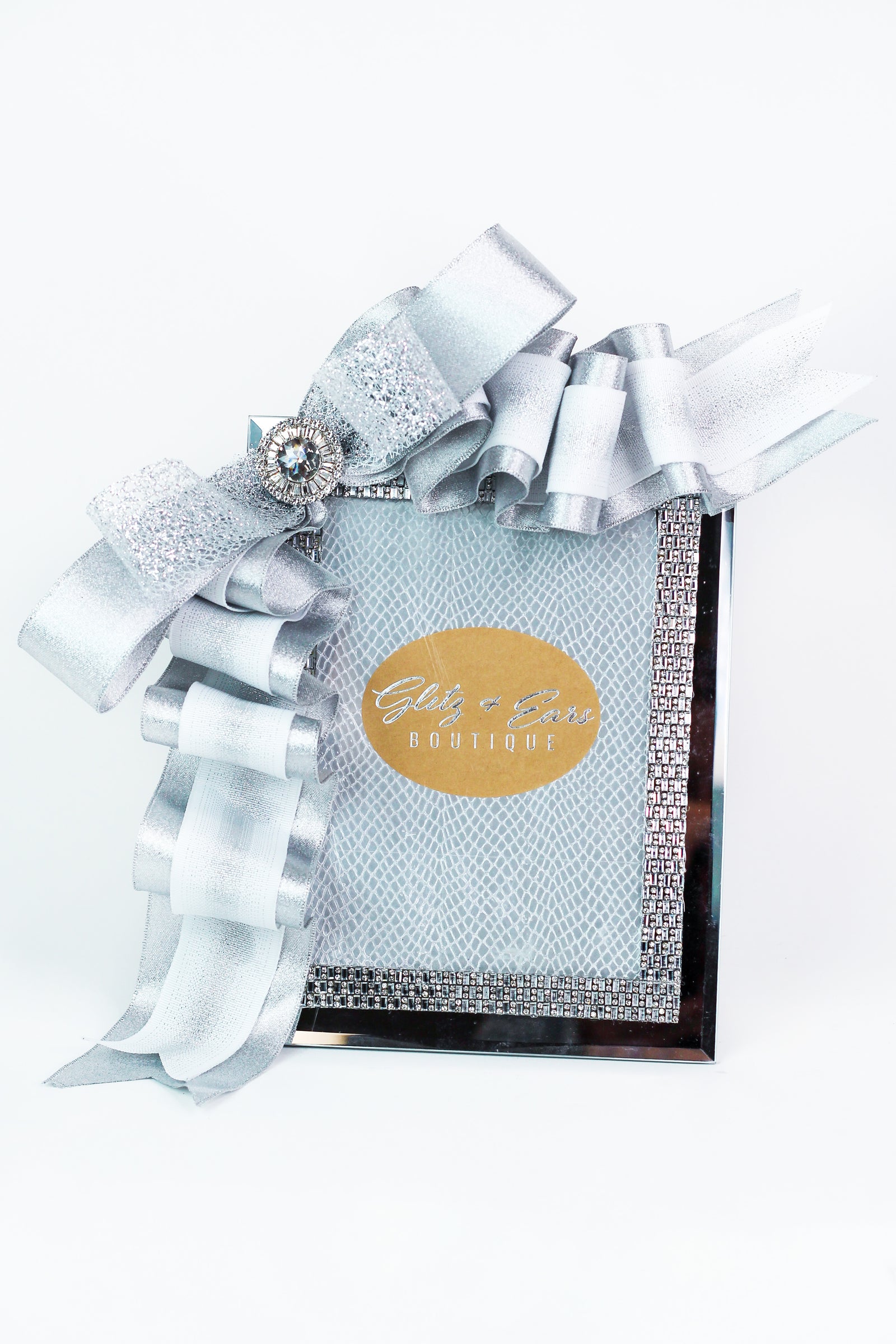 Mirrored Rhinestone Trimmed Picture Frame w/ Glitter Ribbon & Large Rhinestone Pendant - Glitz & Ears Boutique