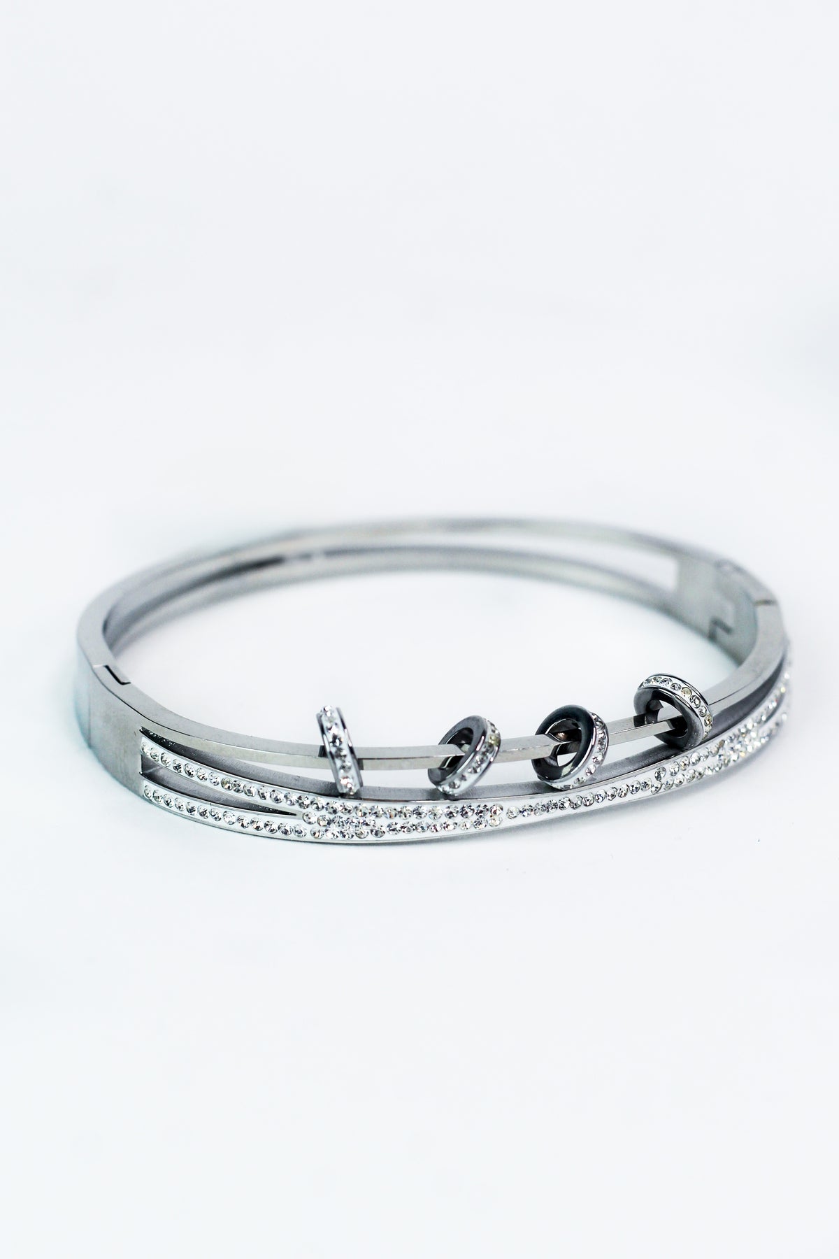 Pave Criss Cross Bangle w/ Pave Round Charms