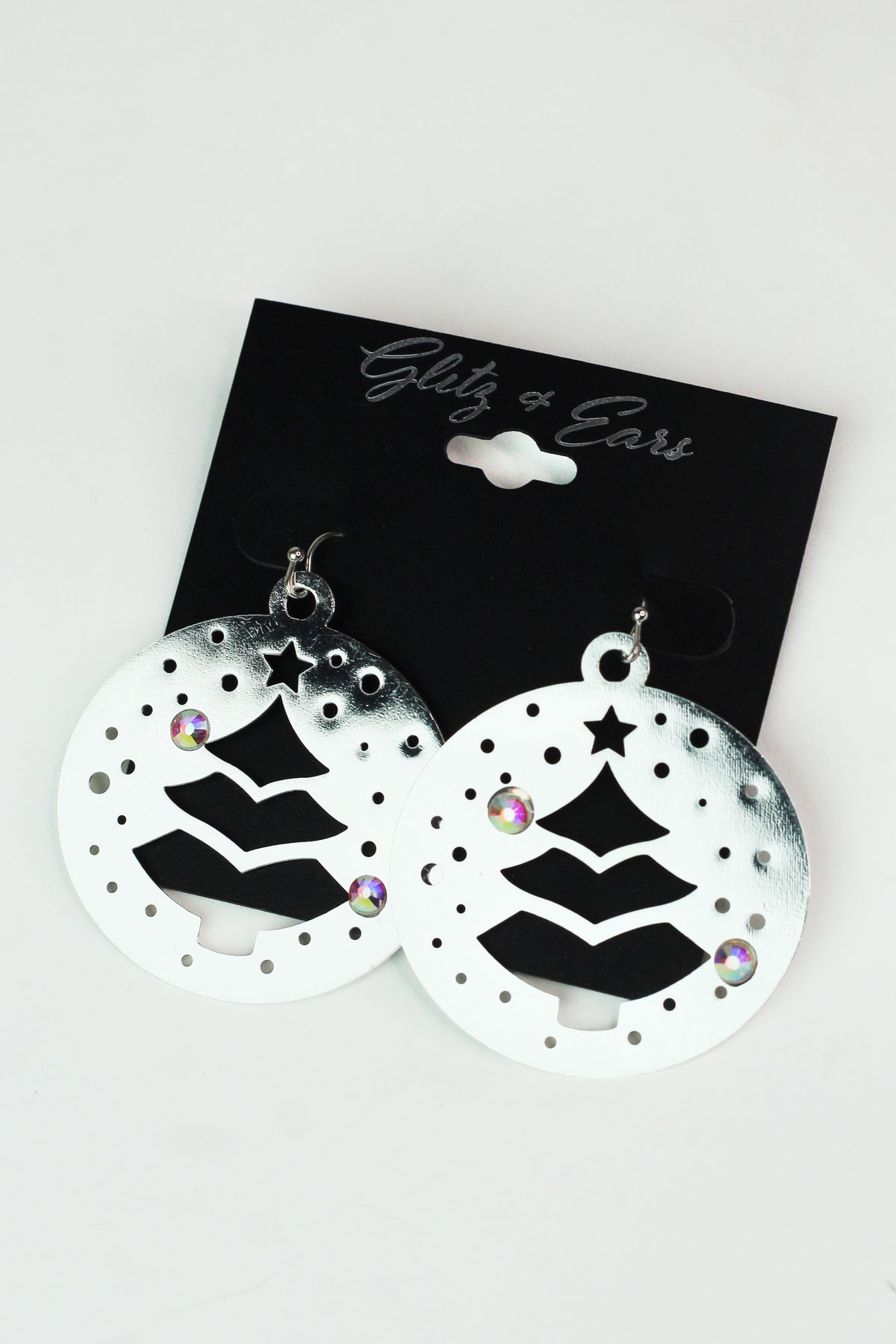 Round Metal Christmas Tree Earrings w/ Stone Accents