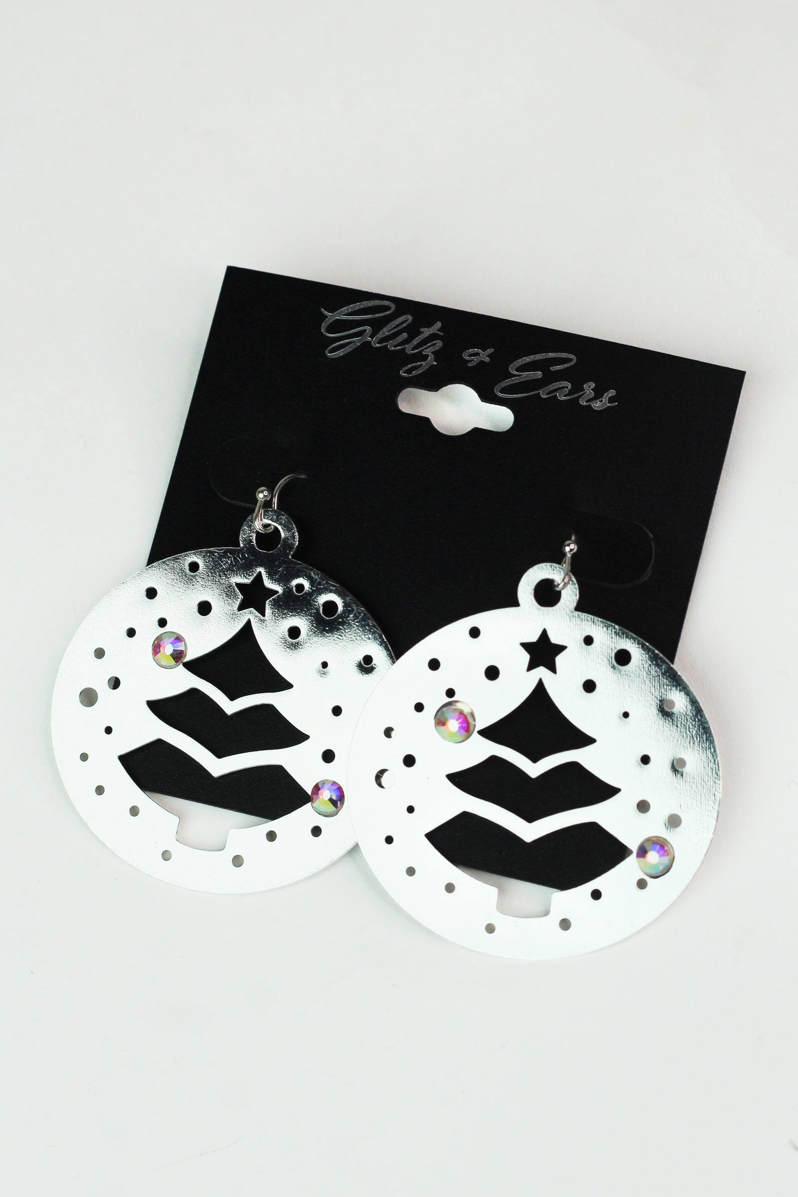 Round Metal Christmas Tree Earrings w/ Stone Accents