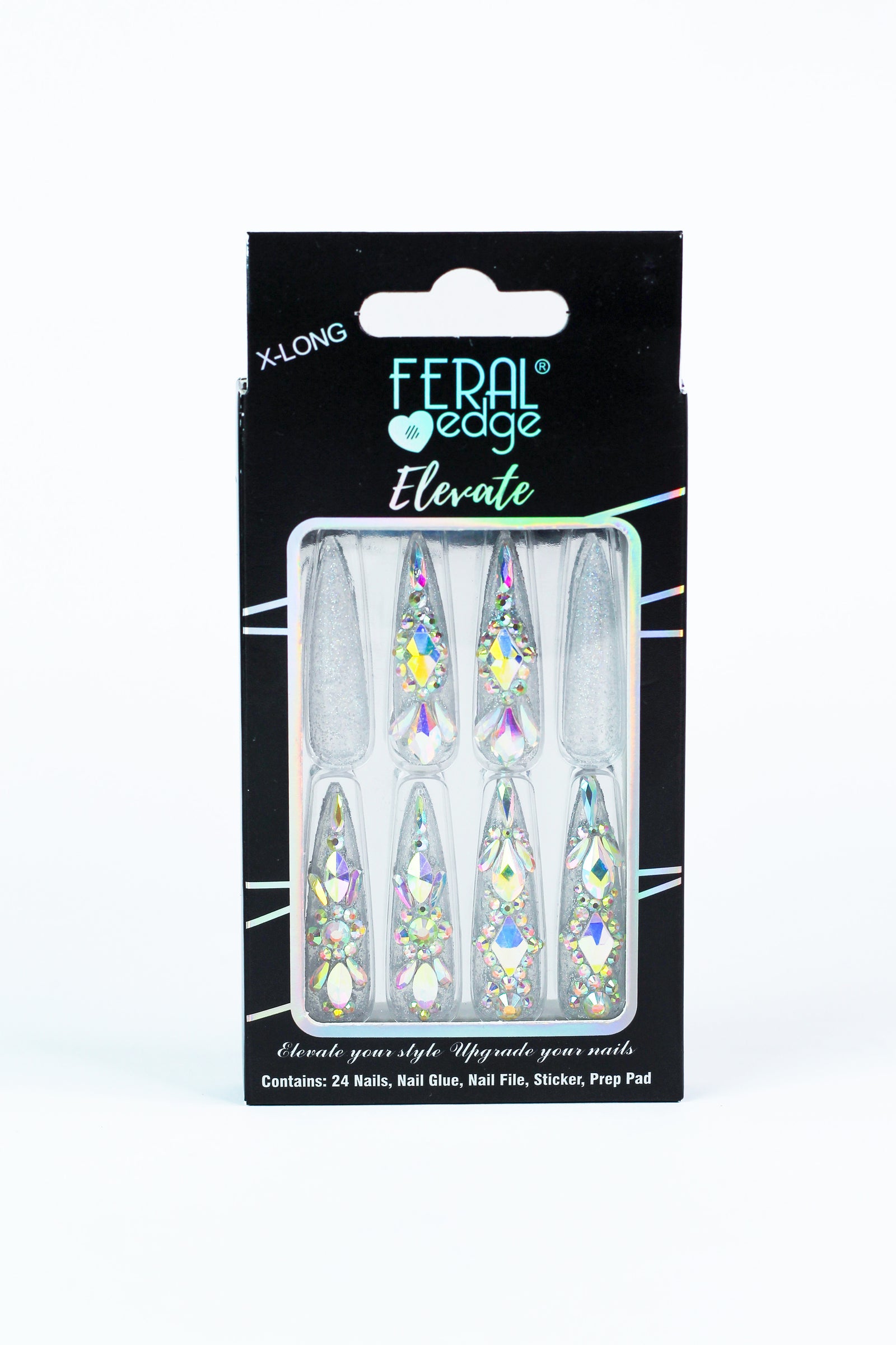 Shimmery Silver & Rhinestone Long Coffin Press On Nails