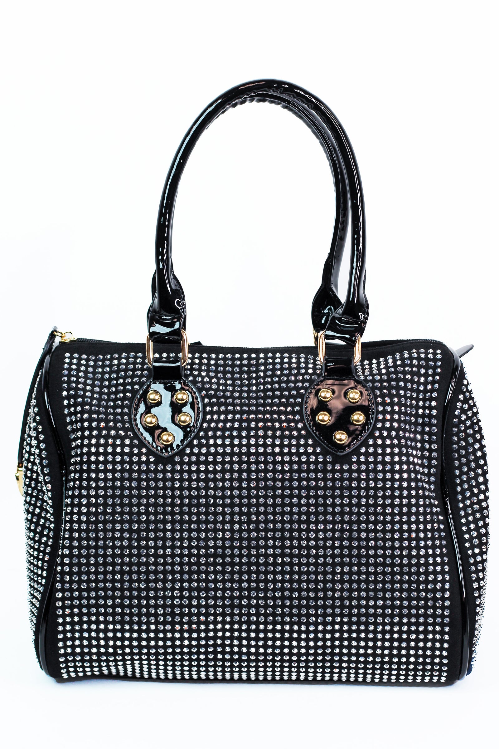 All Over Rhinestone Duffle Purse w/ Faux Patent Leather Accents