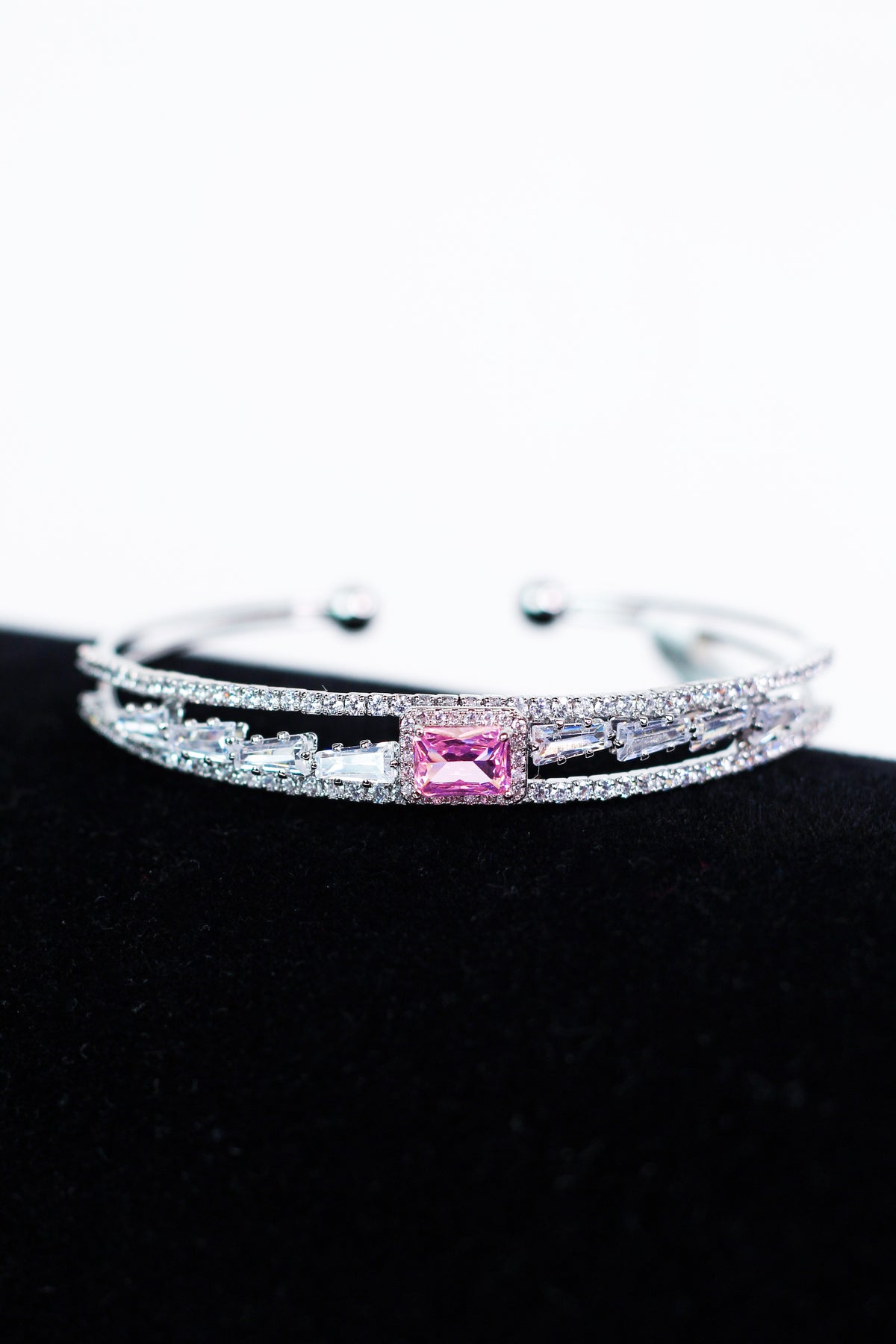 2 Row Pave &amp; Metal Bangle Bracelet w/ Center Marquis Stones