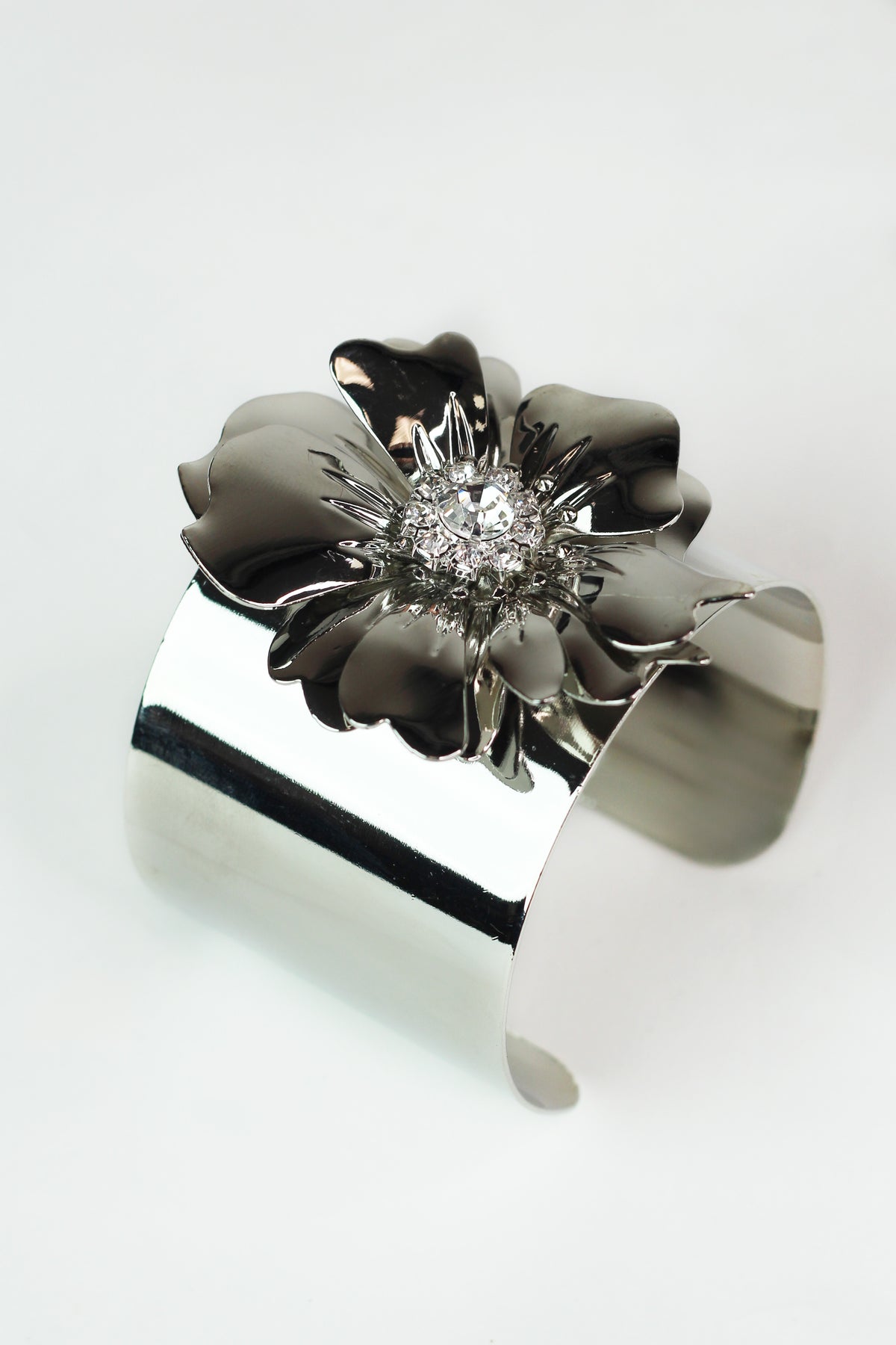 Metal & Rhinestone Flower Wide Cuff Bracelet