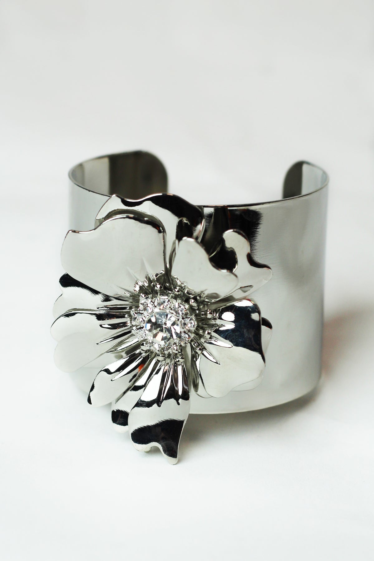 Metal &amp; Rhinestone Flower Wide Cuff Bracelet