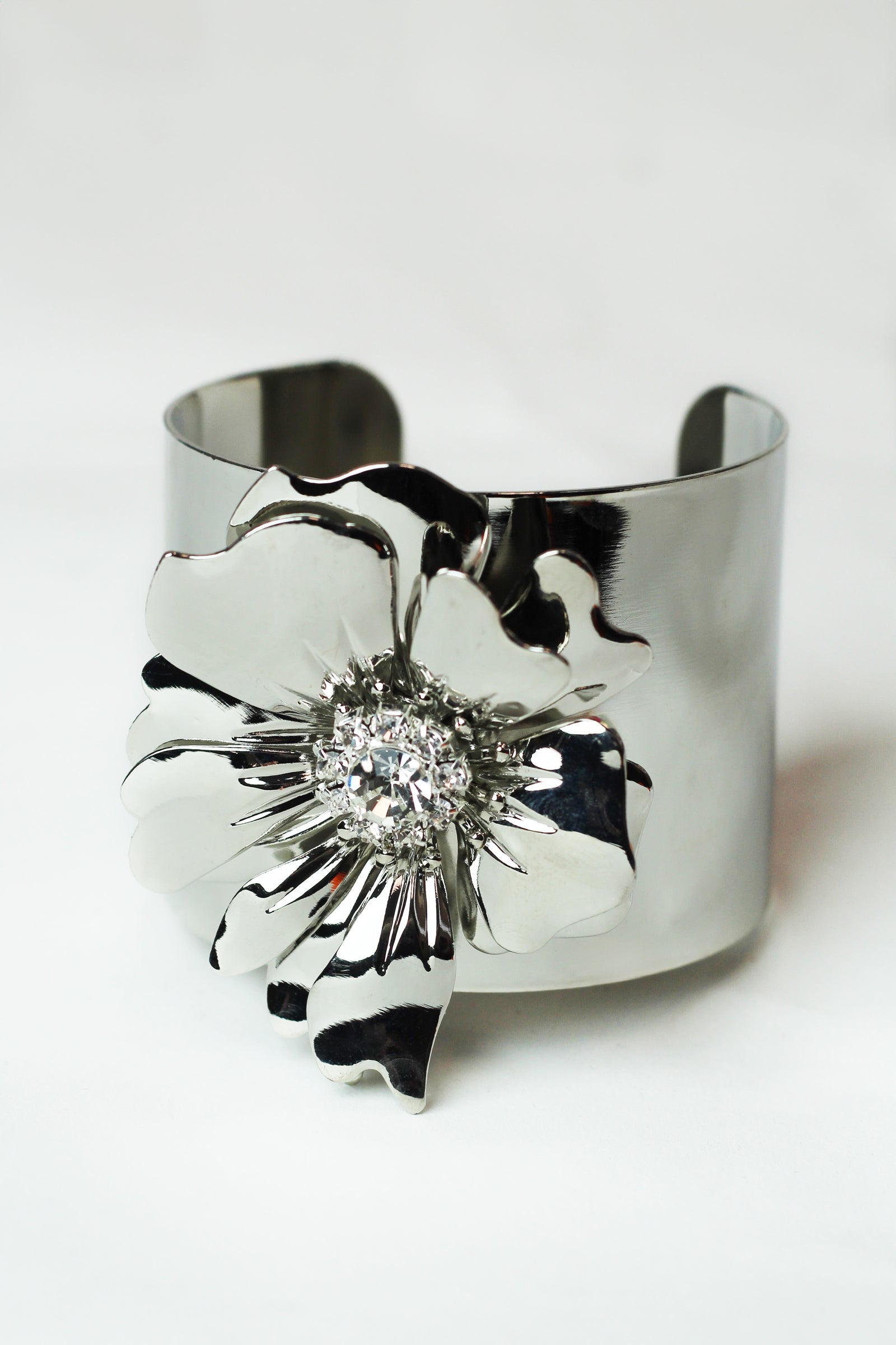 Metal & Rhinestone Flower Wide Cuff Bracelet