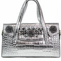 Faux Reptile Envelope Handbag w/ Rhinestone Floral Trim