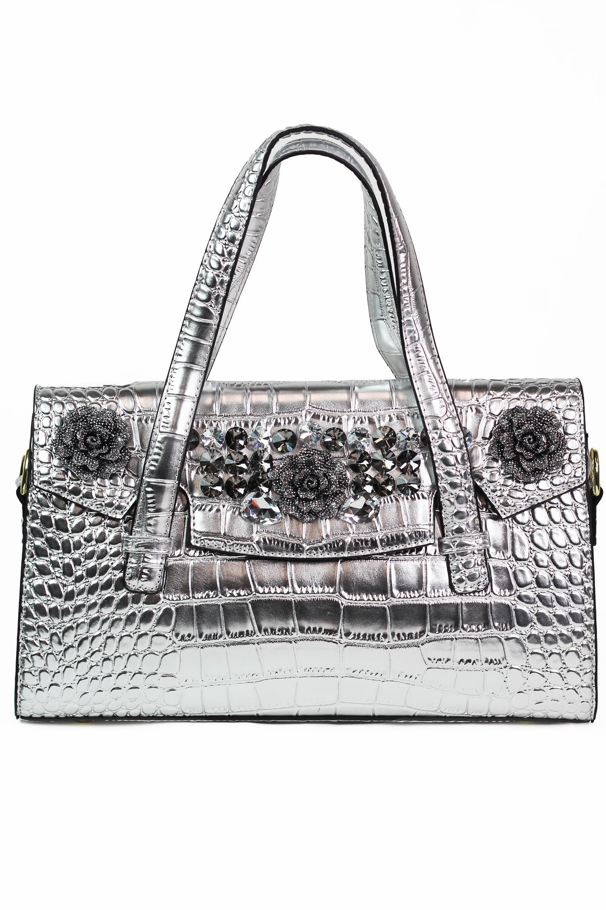 Faux Reptile Envelope Handbag w/ Rhinestone Floral Trim