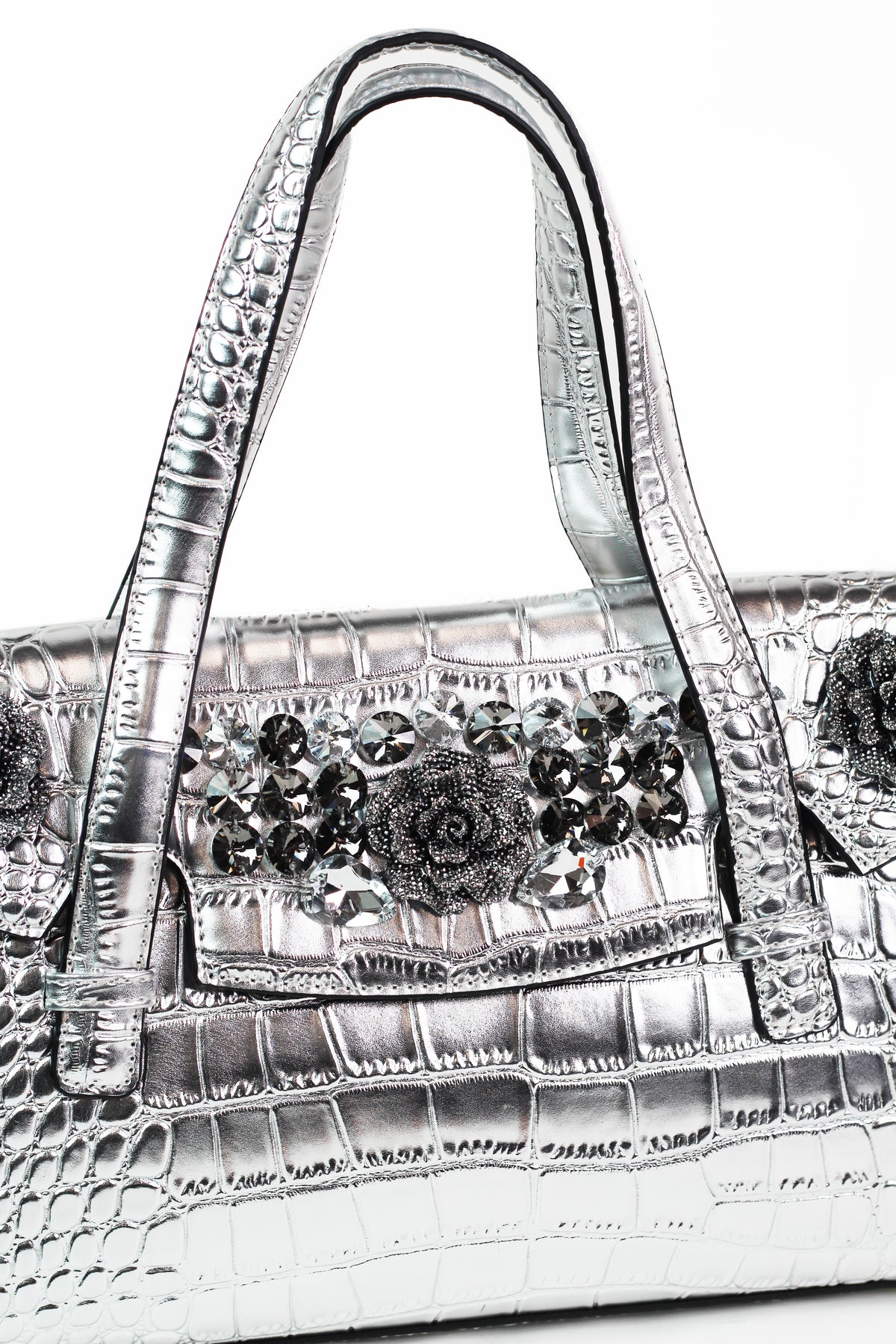 Faux Reptile Envelope Handbag w/ Rhinestone Floral Trim