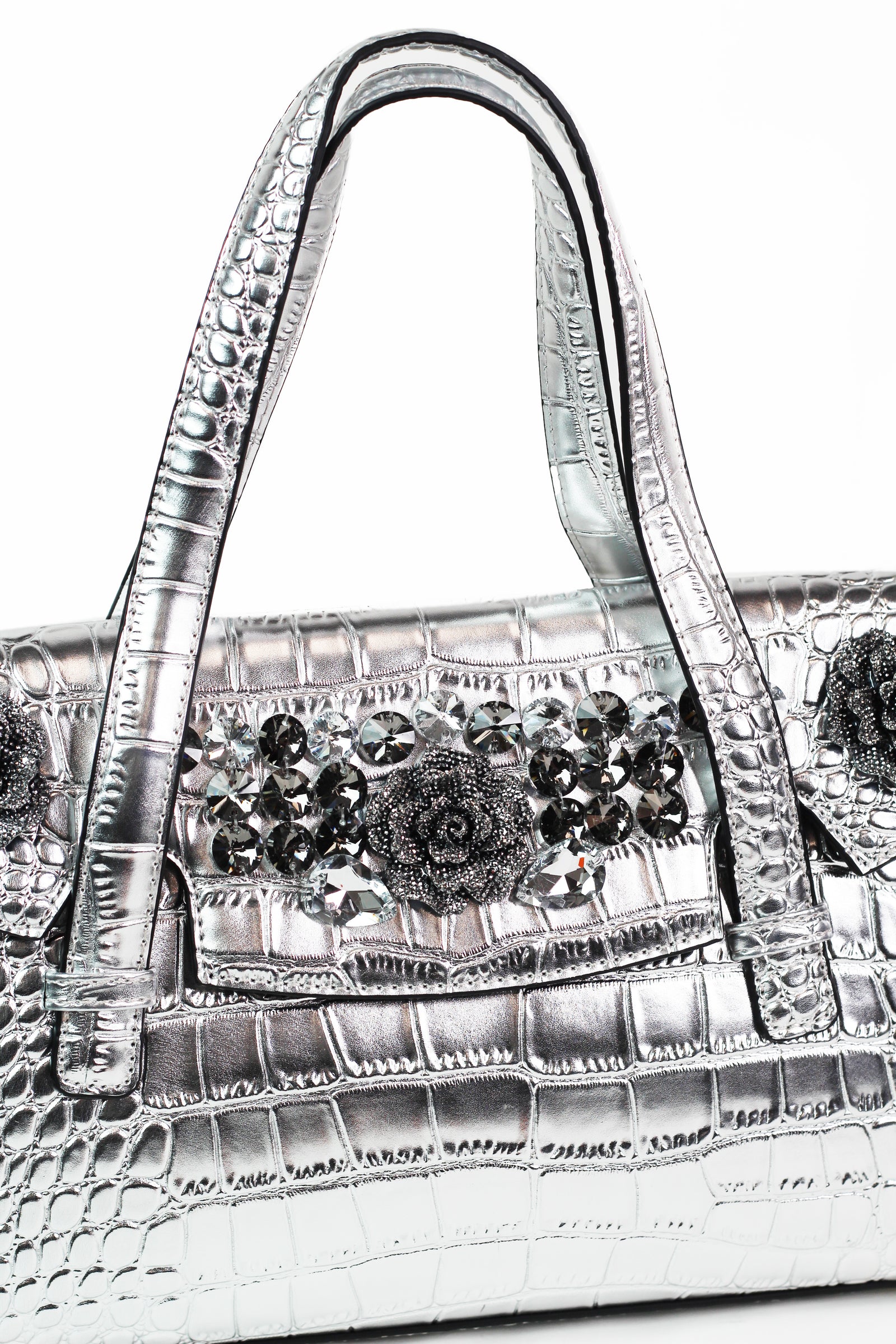 Faux Reptile Envelope Handbag w/ Rhinestone Floral Trim