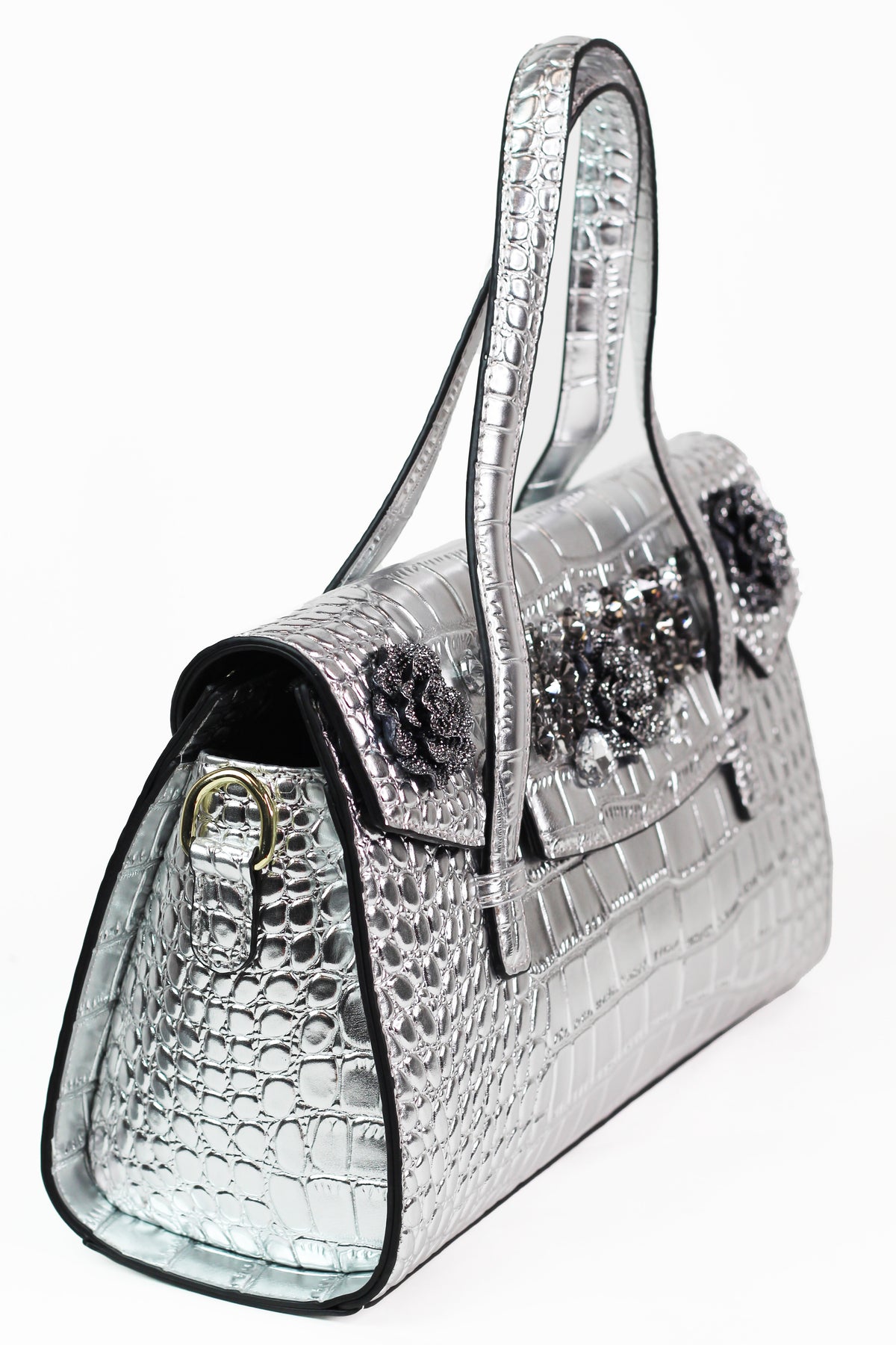 Faux Reptile Envelope Handbag w/ Rhinestone Floral Trim