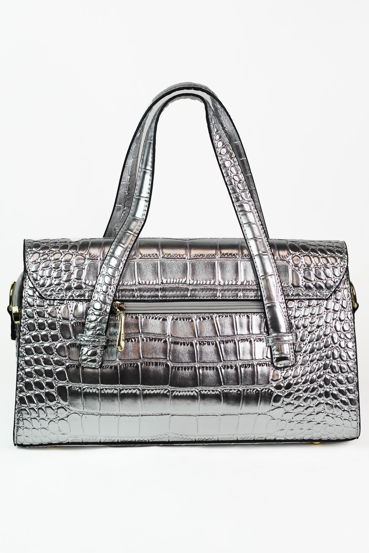 Faux Reptile Envelope Handbag w/ Rhinestone Floral Trim
