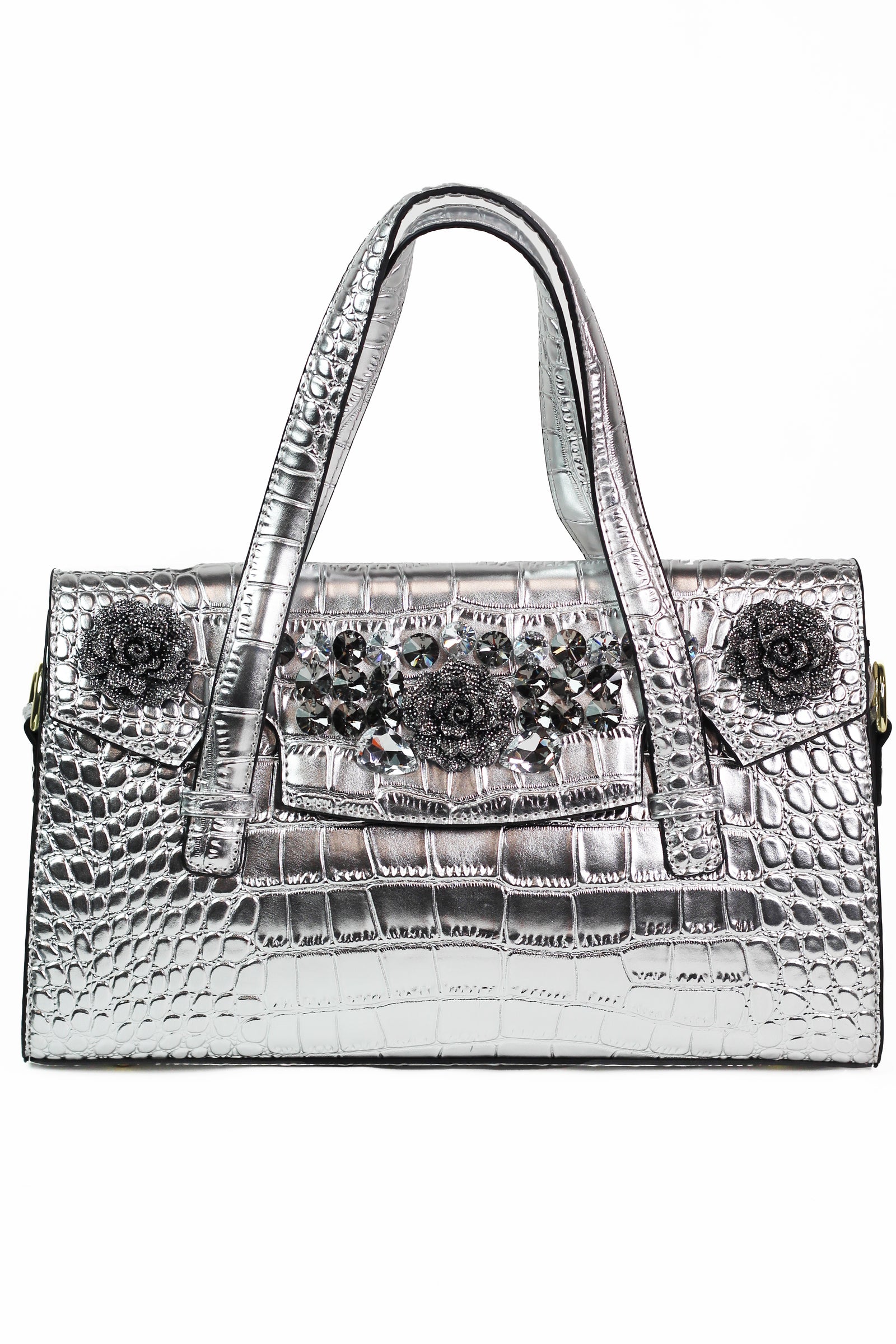 Faux Reptile Envelope Handbag w/ Rhinestone Floral Trim