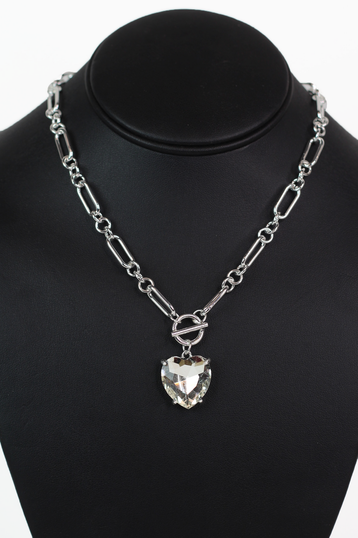 Chain Link Necklace w/ Large Rhinestone Heart Center