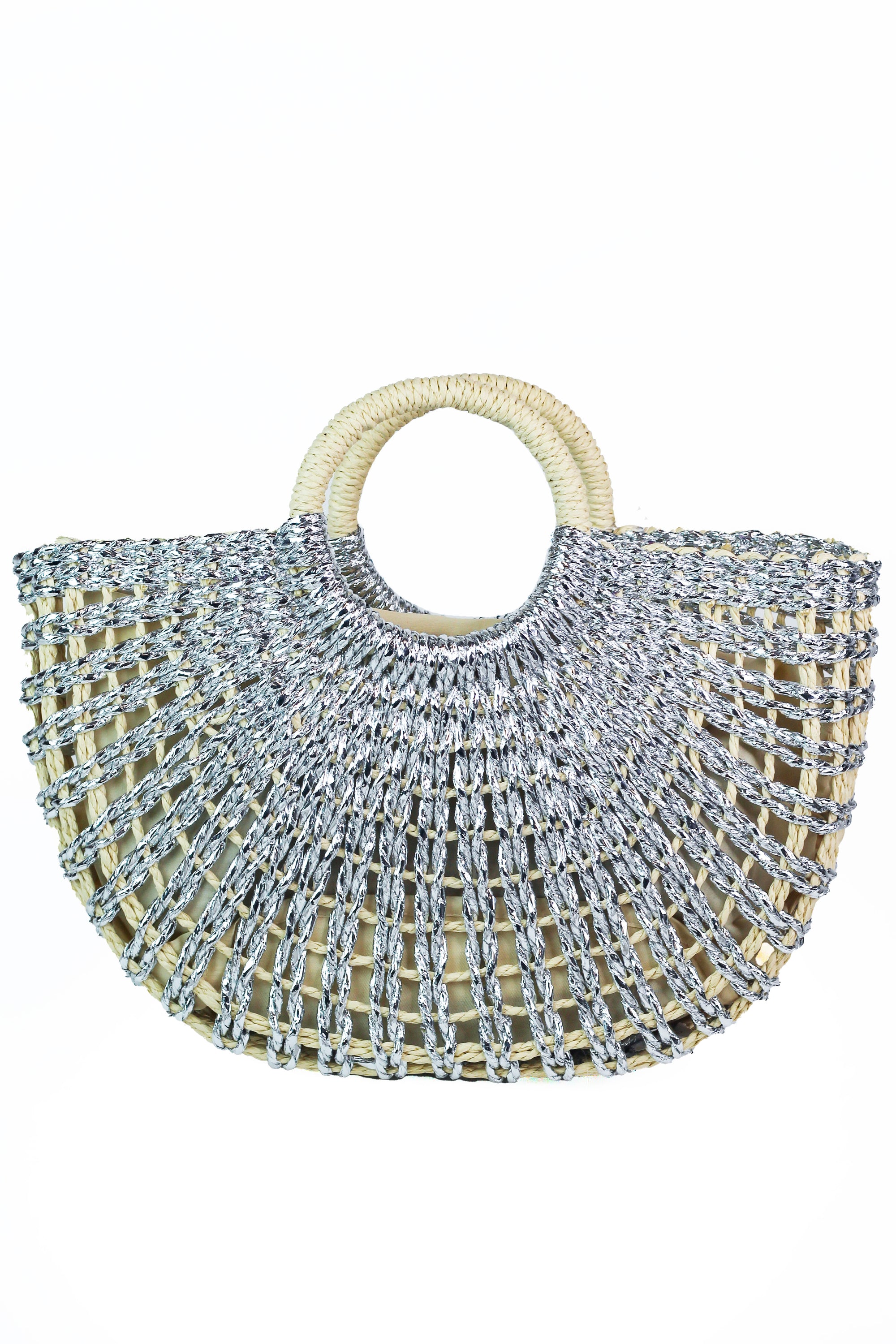 Metallic Raffia Handbag w/ Circle Handles - Glitz & Ears Boutique