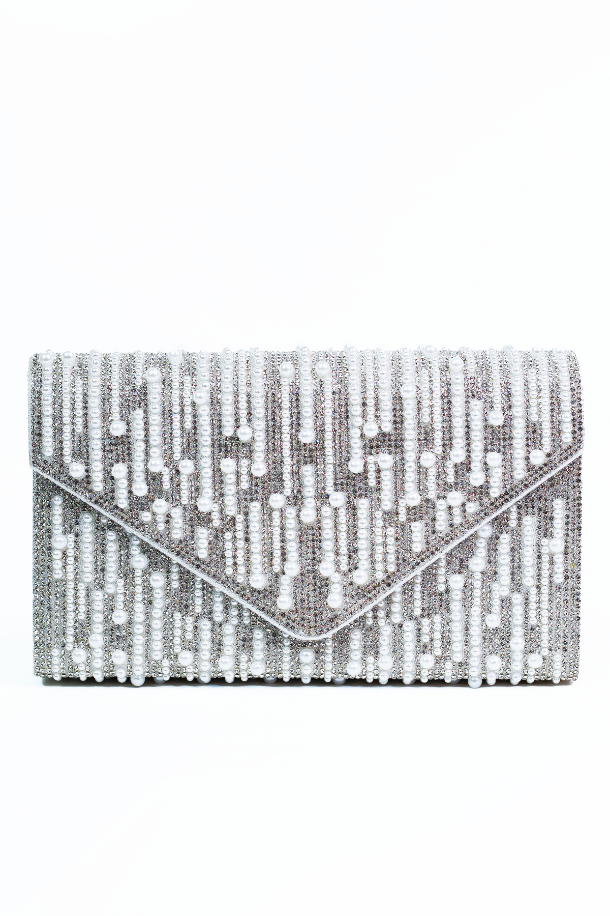 Rhinestone &amp; Multi Size Pearl Stripes Envelope Clutch - Glitz &amp; Ears Boutique