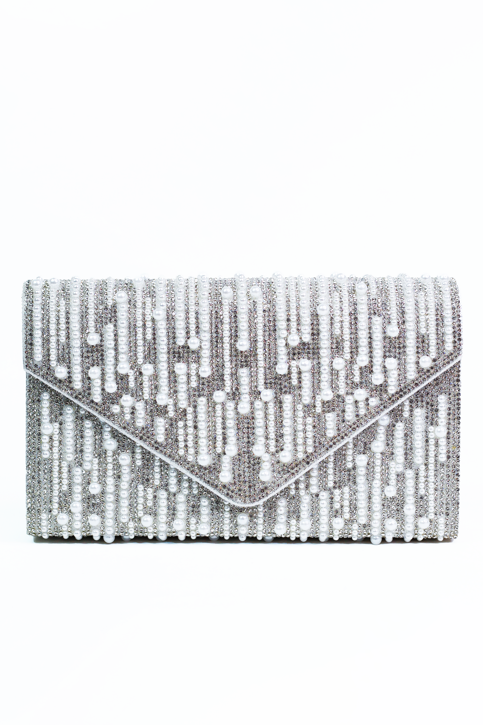 Rhinestone & Multi Size Pearl Stripes Envelope Clutch