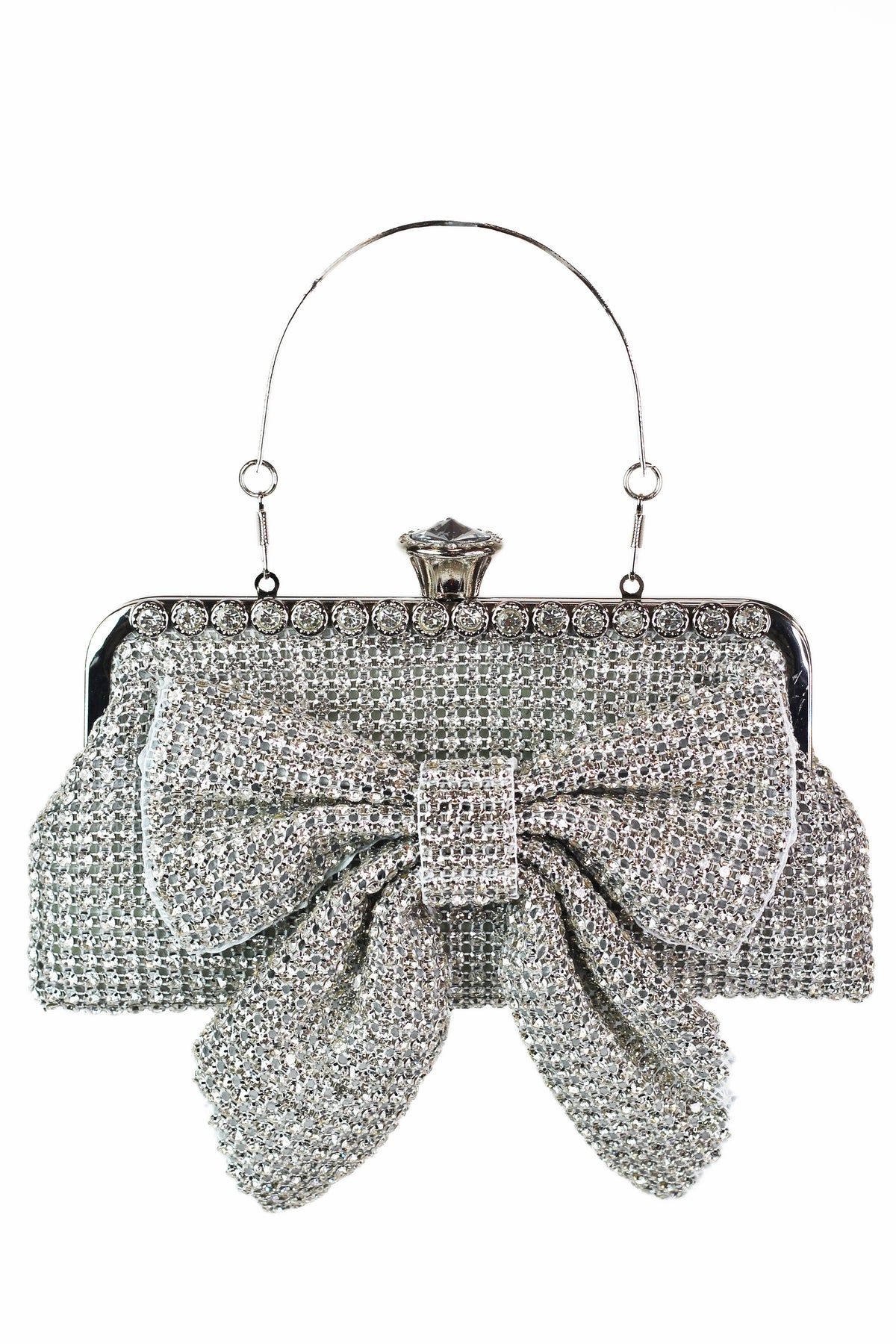 Rhinestone Mesh Clutch w/ Front Bow & Jewel Closure