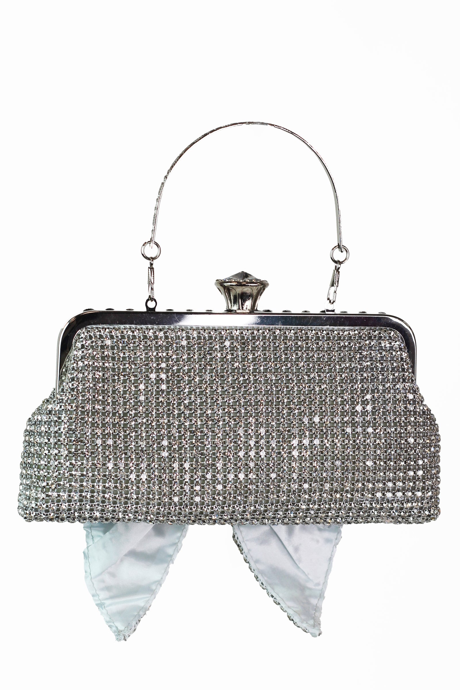 Rhinestone Mesh Clutch w/ Front Bow & Jewel Closure