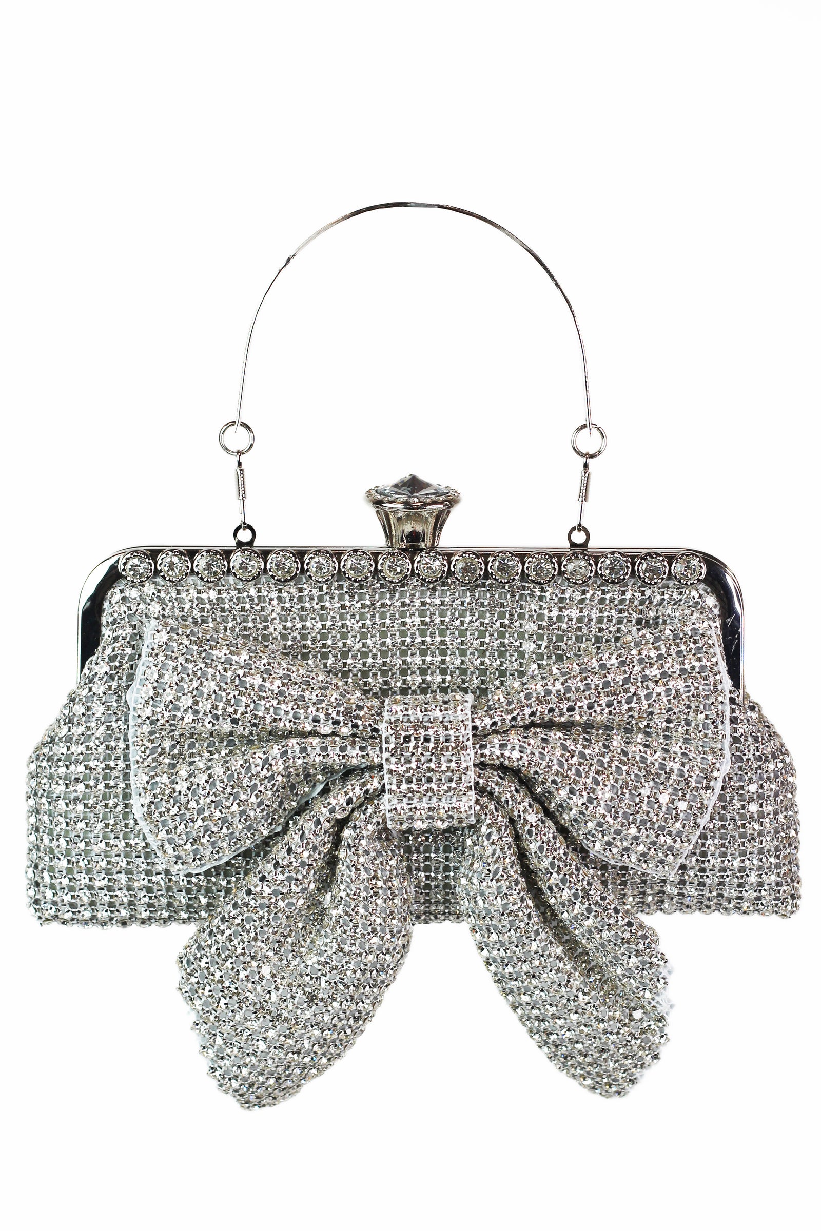 Rhinestone Mesh Clutch w/ Front Bow & Jewel Closure
