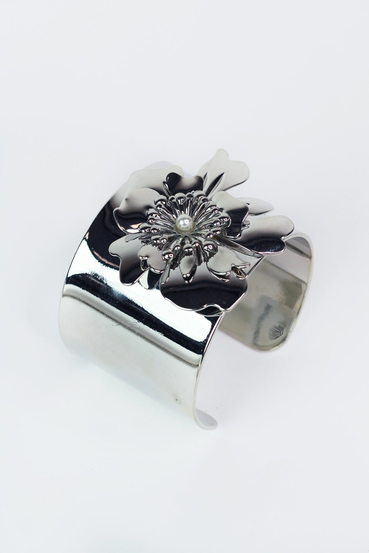Large Metal Flower & Pearl Accent Cuff Bracelet
