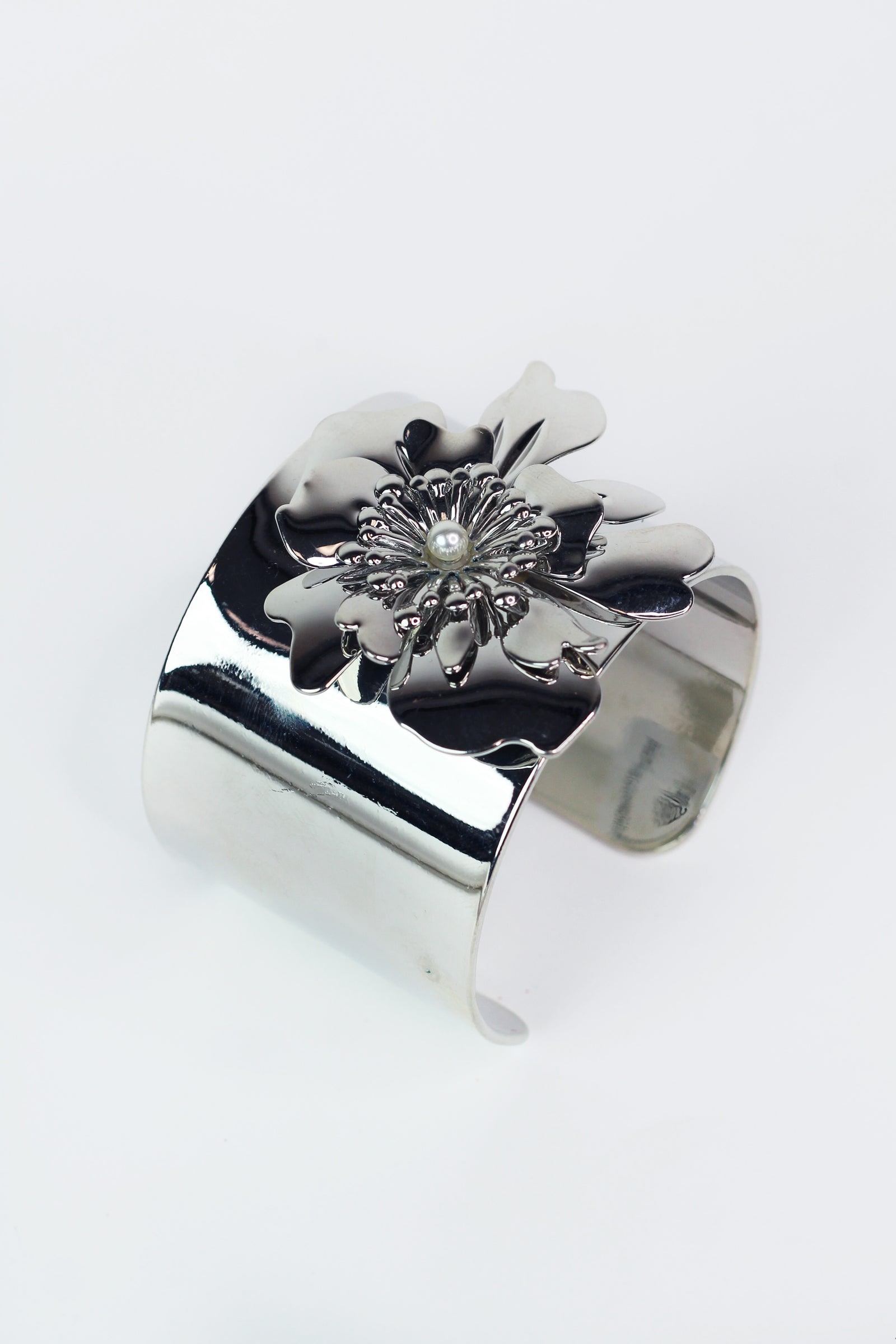 Large Metal Flower & Pearl Accent Cuff Bracelet