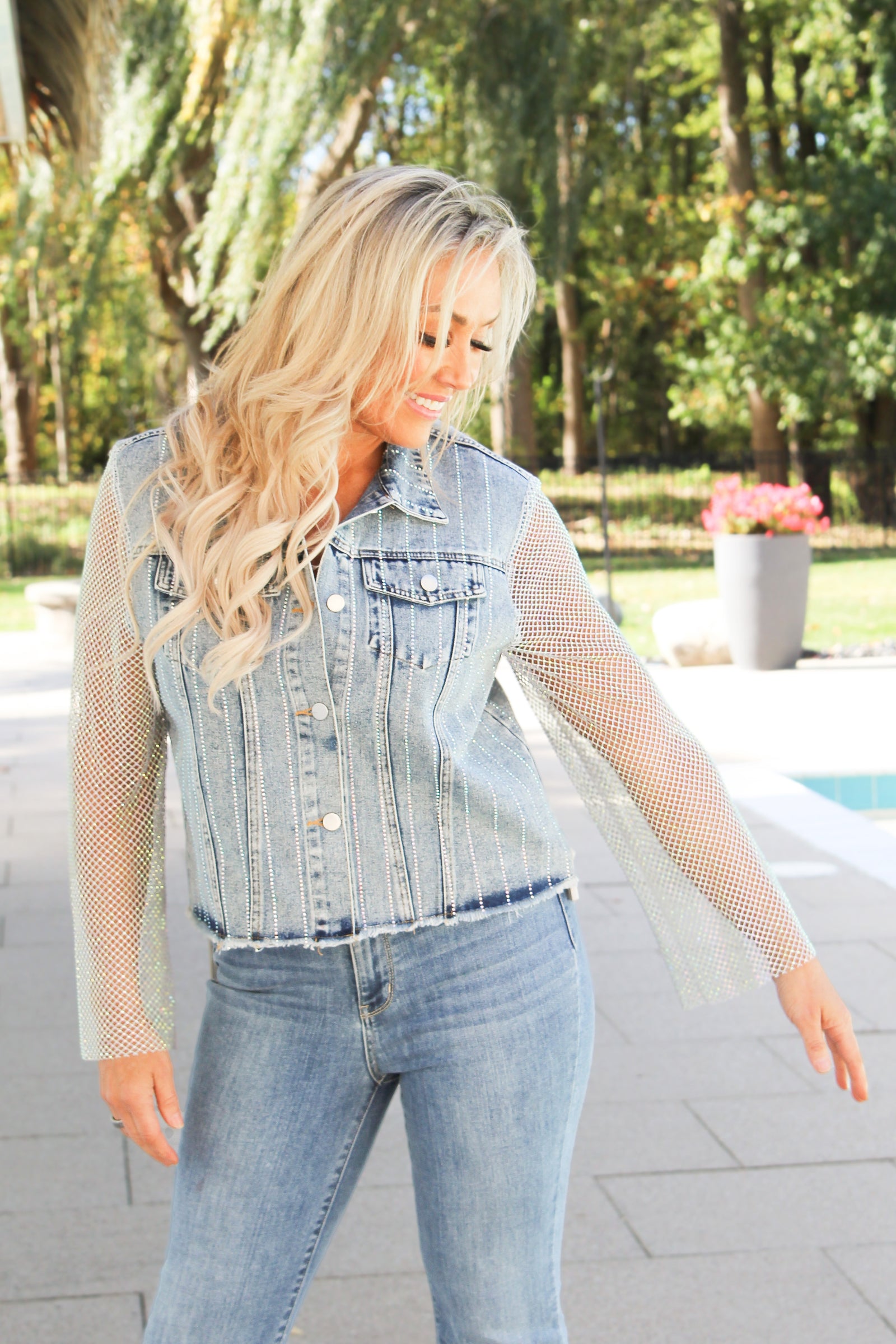 Denim Jacket w/ Mesh Rhinestone Sleeves