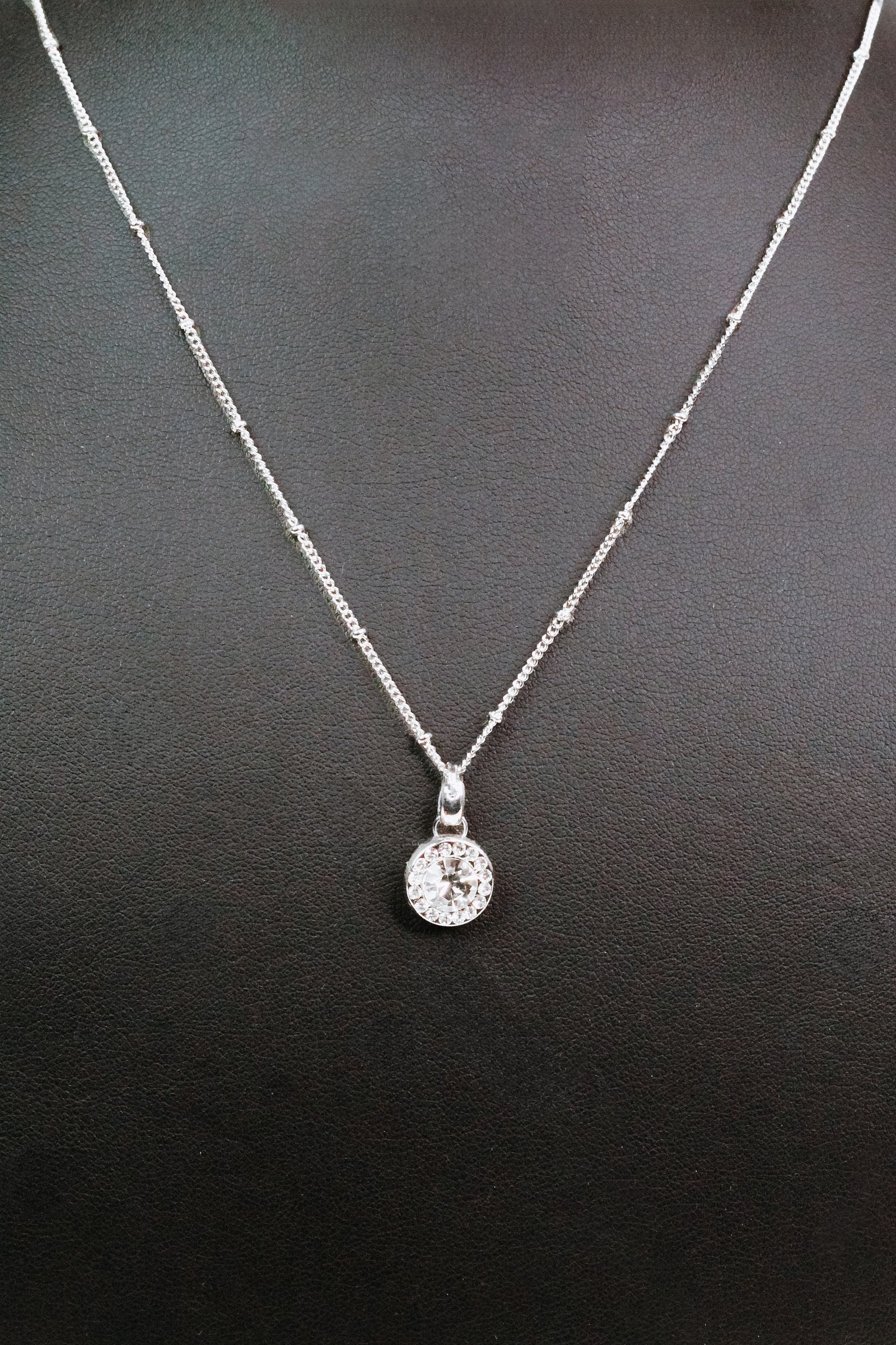 Silver Beaded Necklace w/ Circular Center Stone