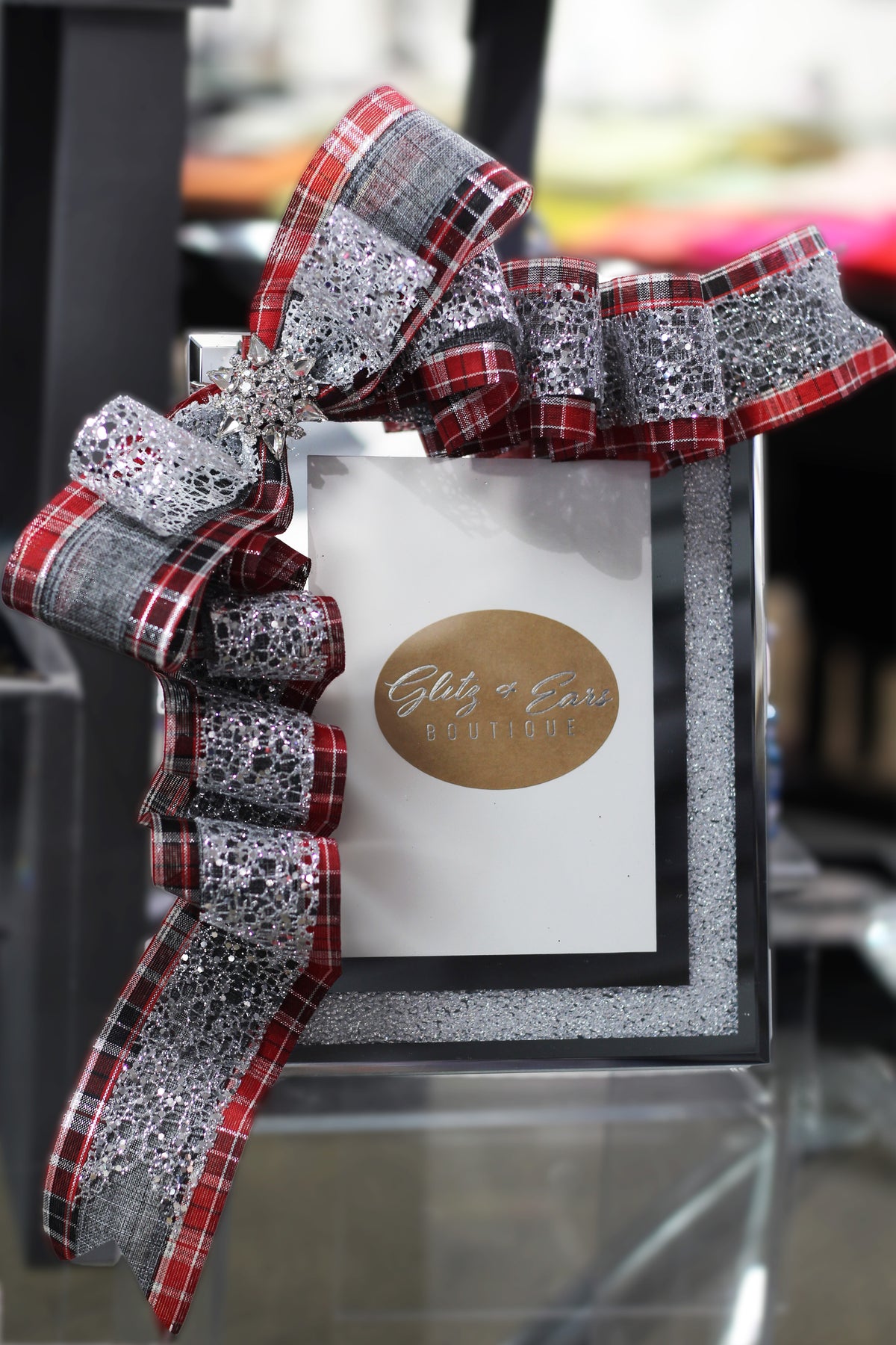 Stone Mirror Picture Frame w/ Ribbon Accents