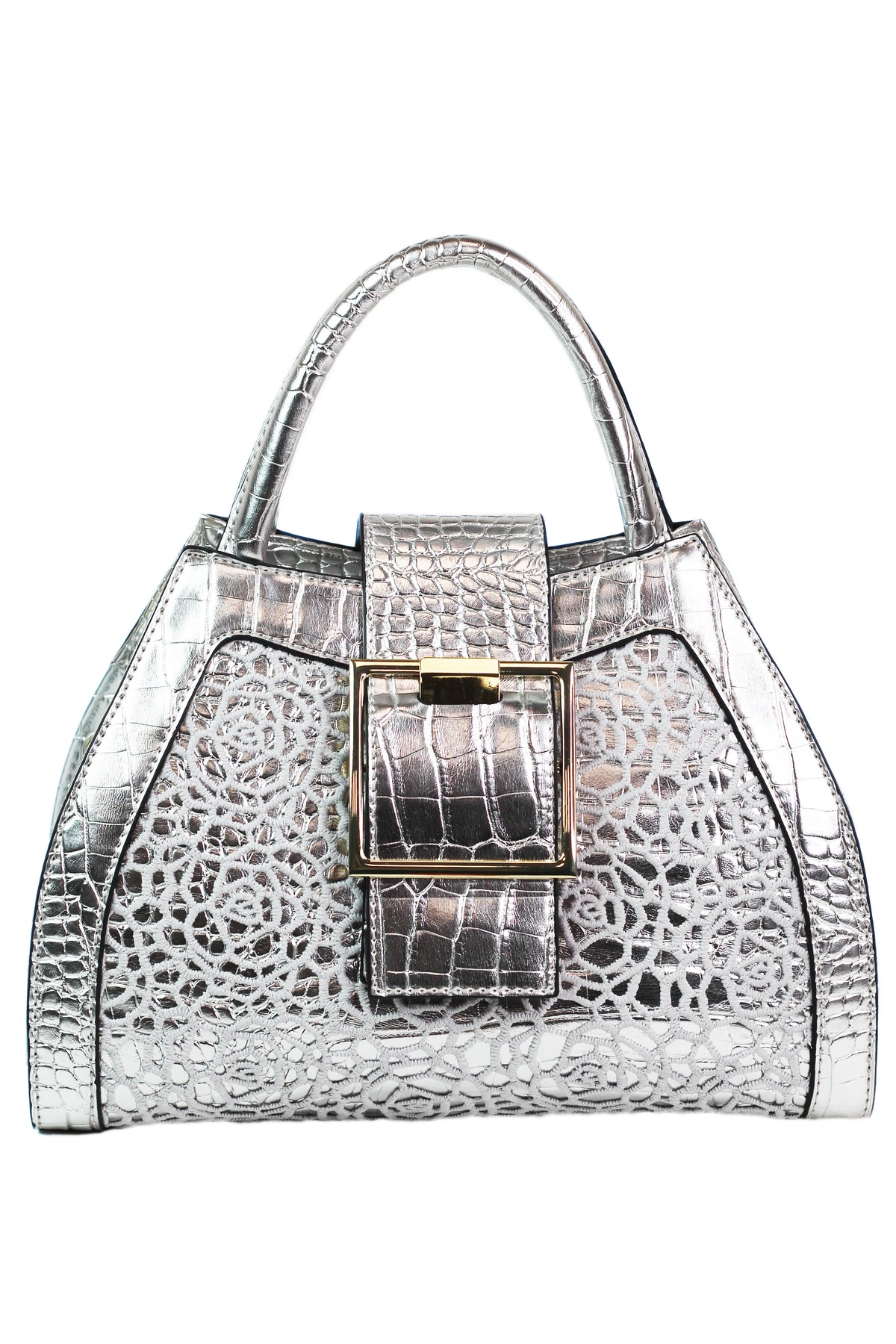Faux Reptile Handbag w/ Floral Lace Overlay &amp; Large Buckle Strap