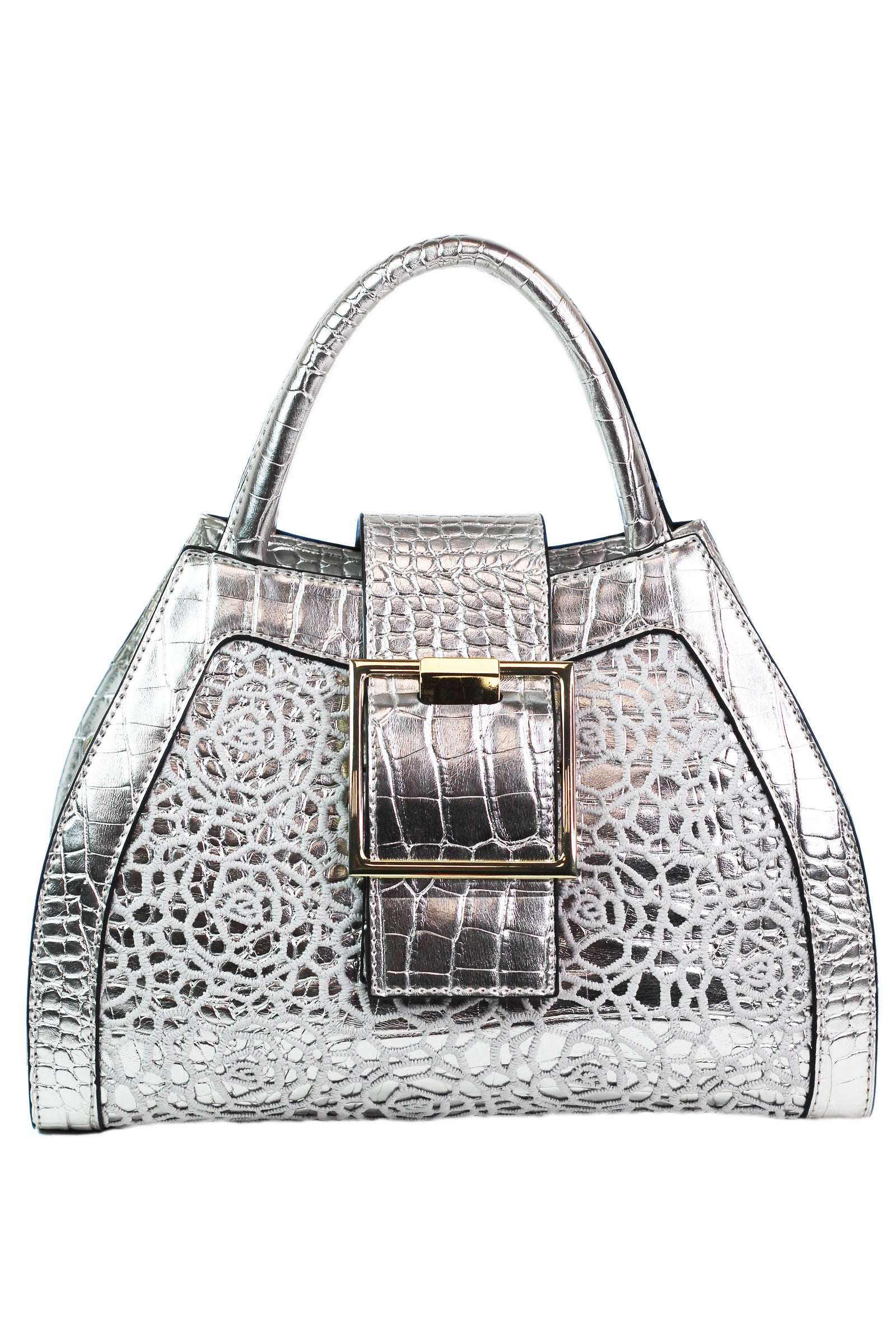 Faux Reptile Handbag w/ Floral Lace Overlay & Large Buckle Strap