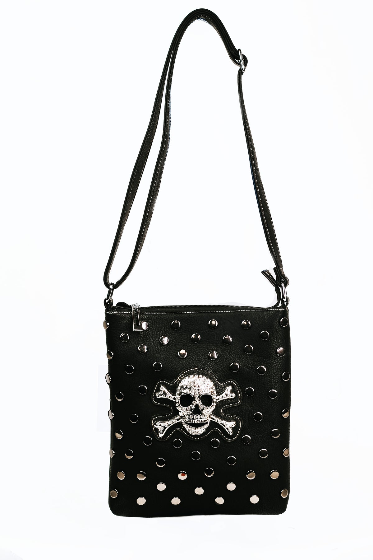 Messenger Bag w/ Rhinestone Skull &amp; Crossbones and Stud Accents