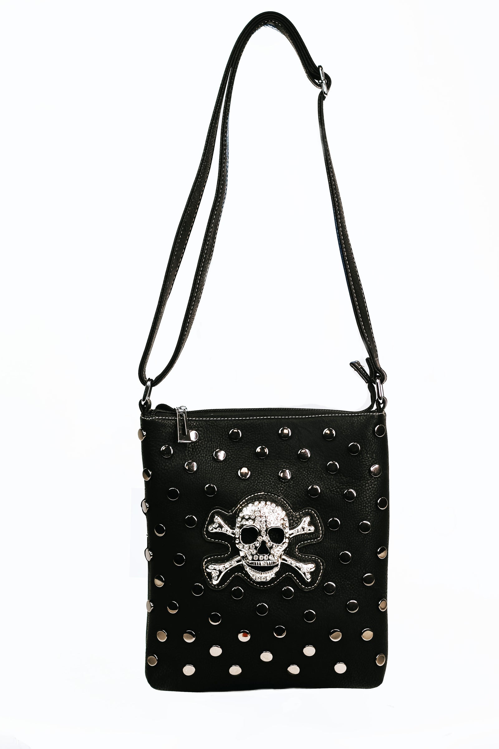 Messenger Bag w/ Rhinestone Skull & Crossbones and Stud Accents