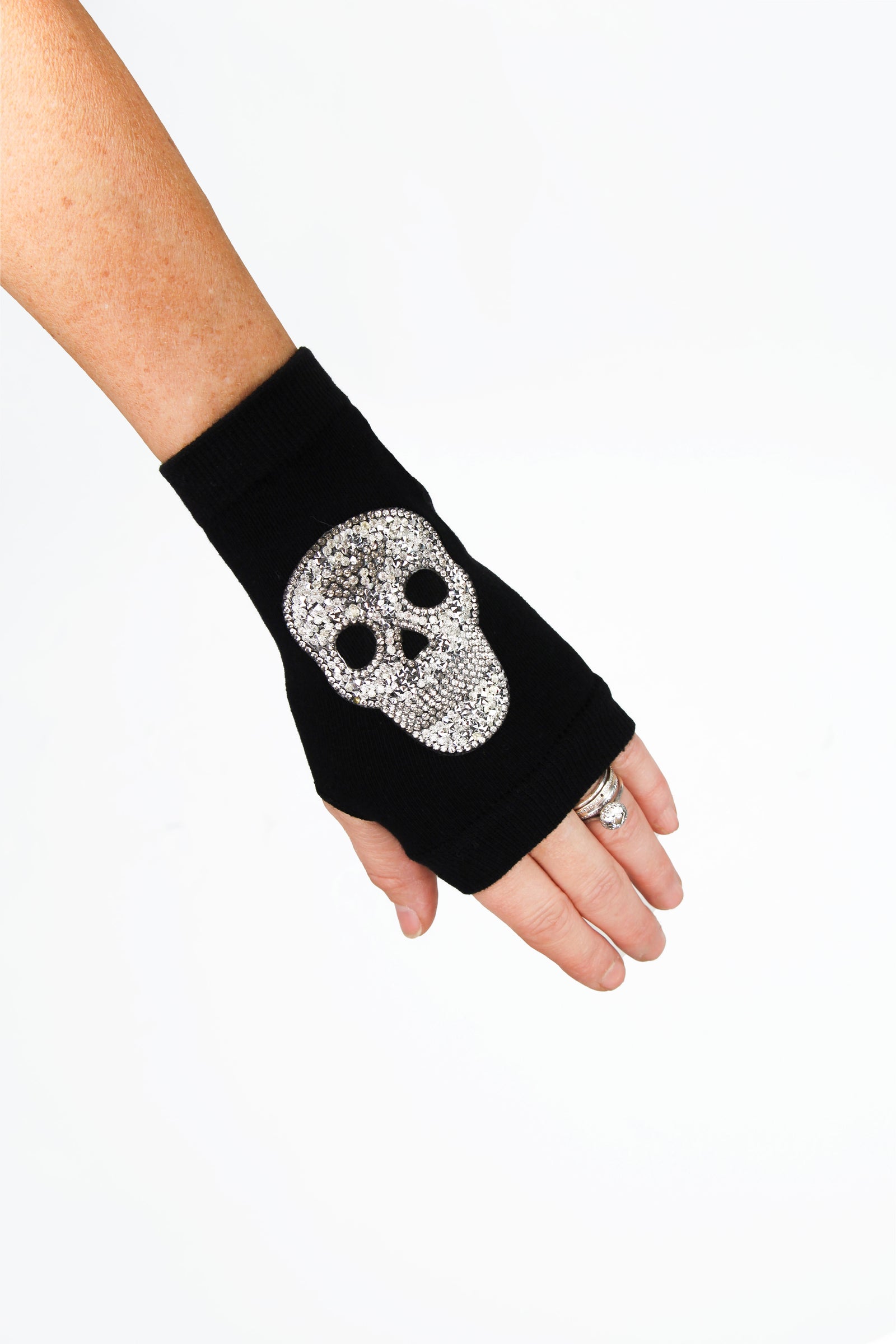 Rhinestone Skull Fingerless Gloves