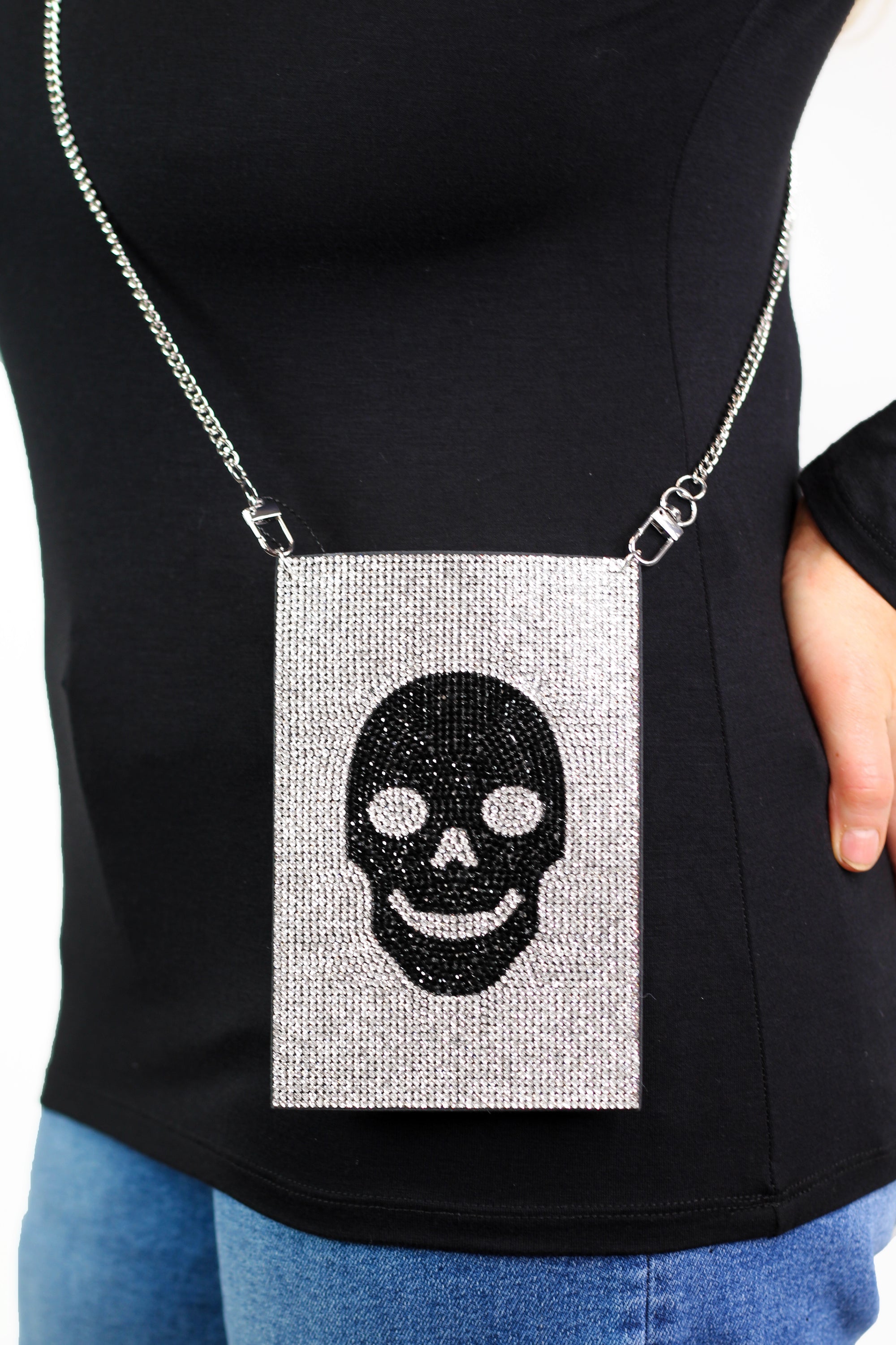 Rhinestone Front Skull Face Crossbody Pouch