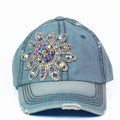 AB Rhinestone Flower Distressed Baseball Hat