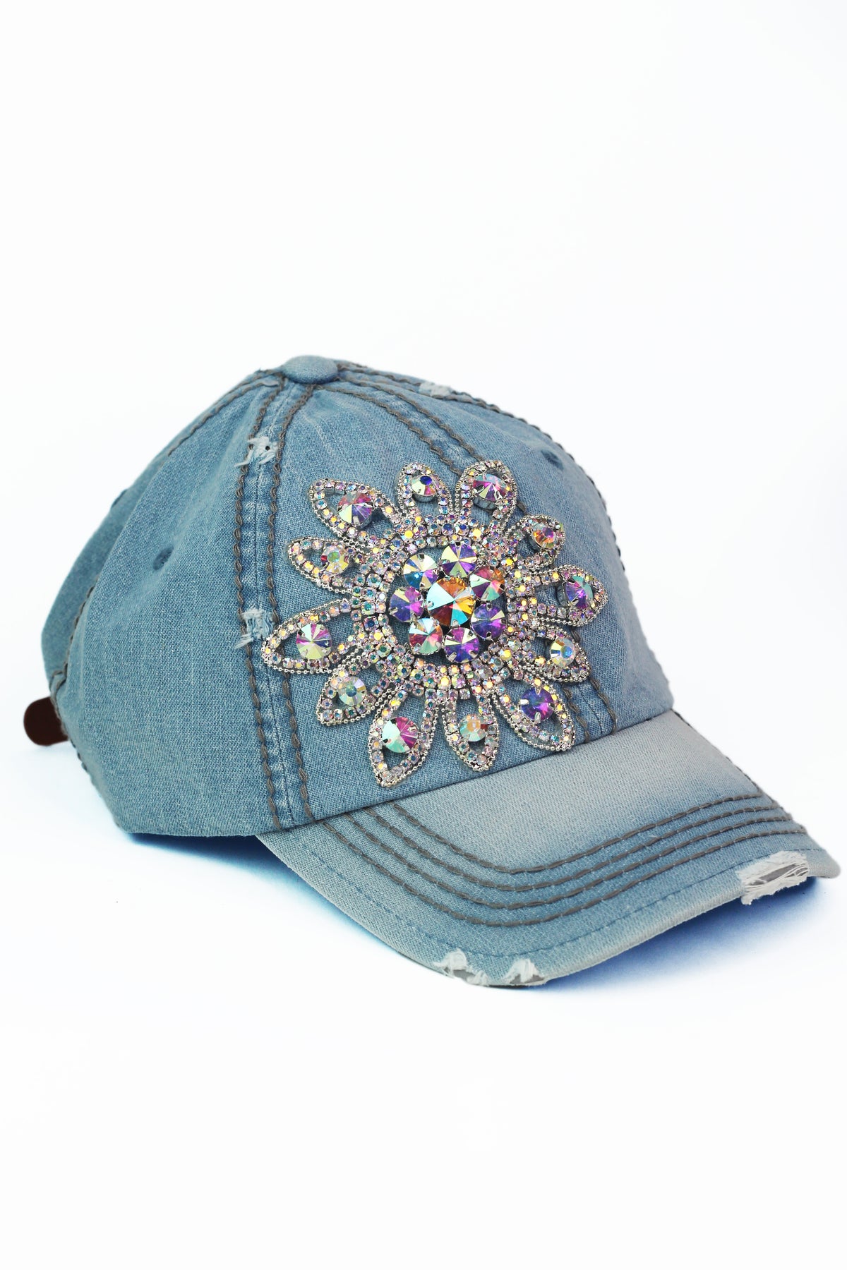 AB Rhinestone Flower Distressed Baseball Hat