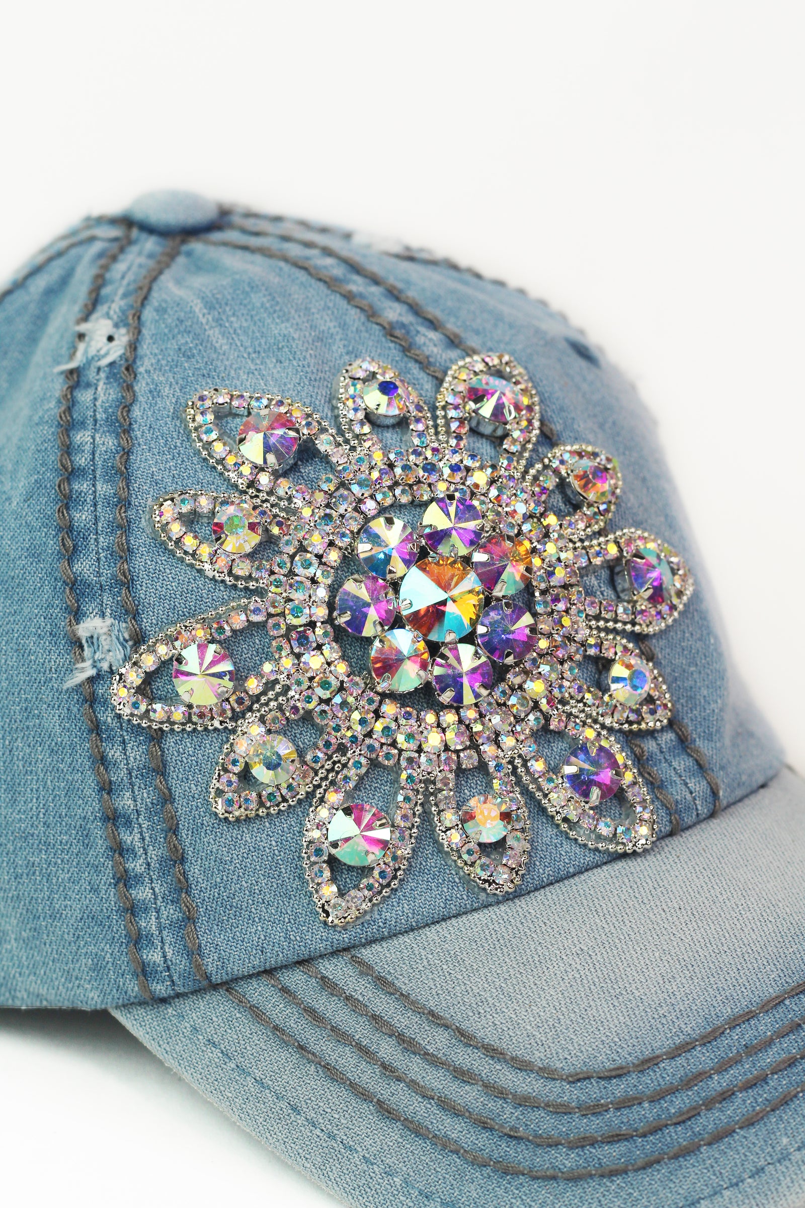 AB Rhinestone Flower Distressed Baseball Hat