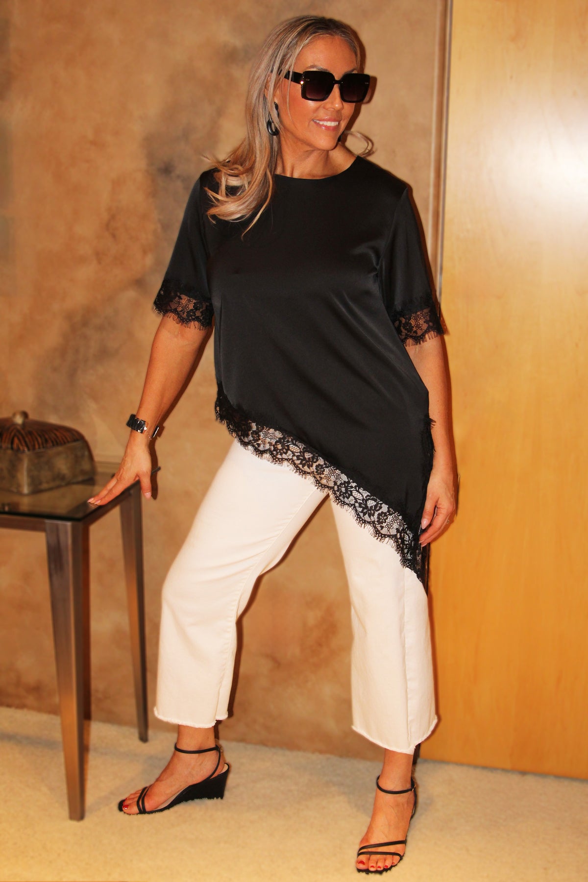 Short Sleeve Satin Top w/ Lace Trim & Slanted Hem