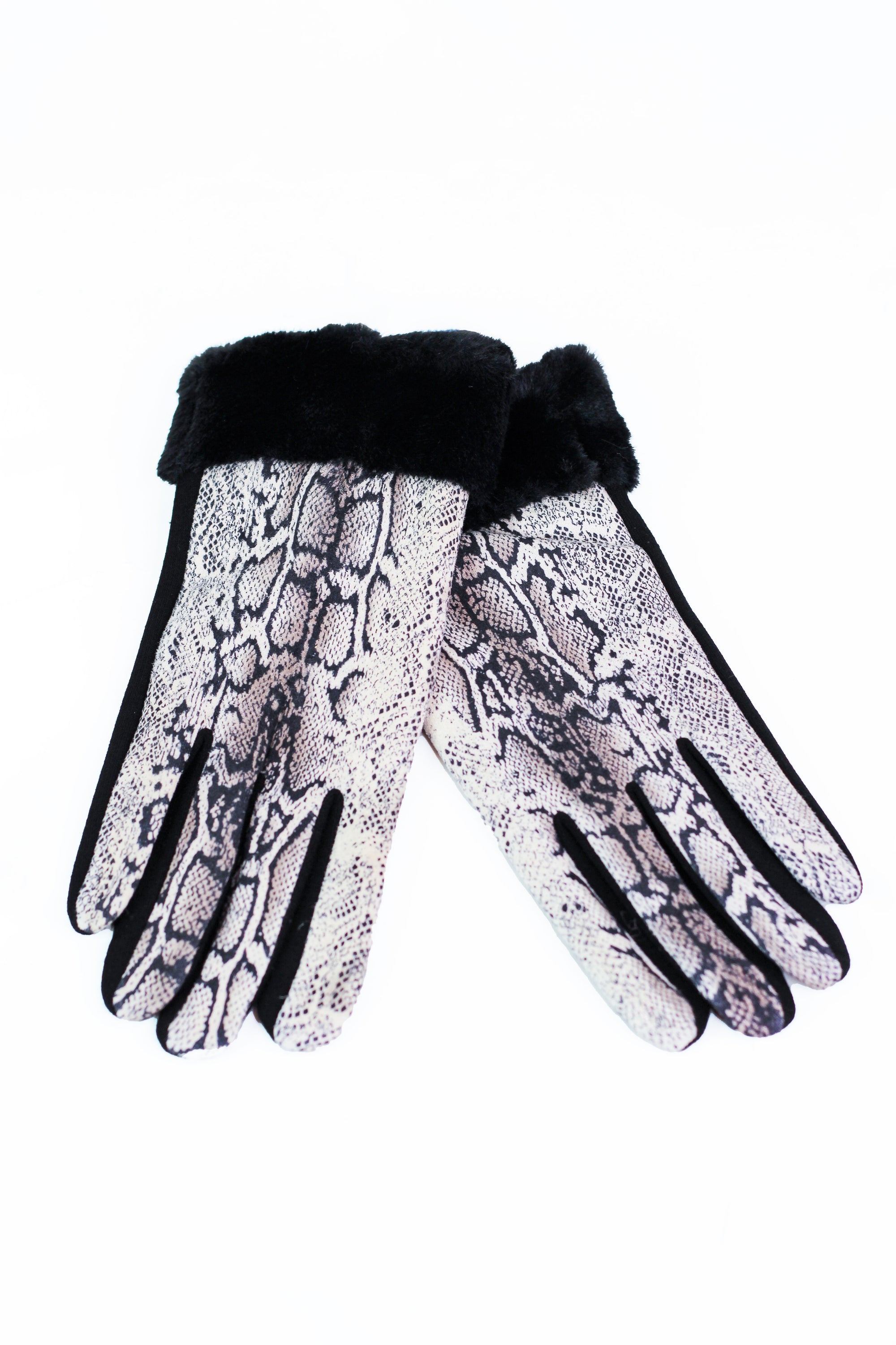 Snakeskin Front Faux Fur Wrist Gloves