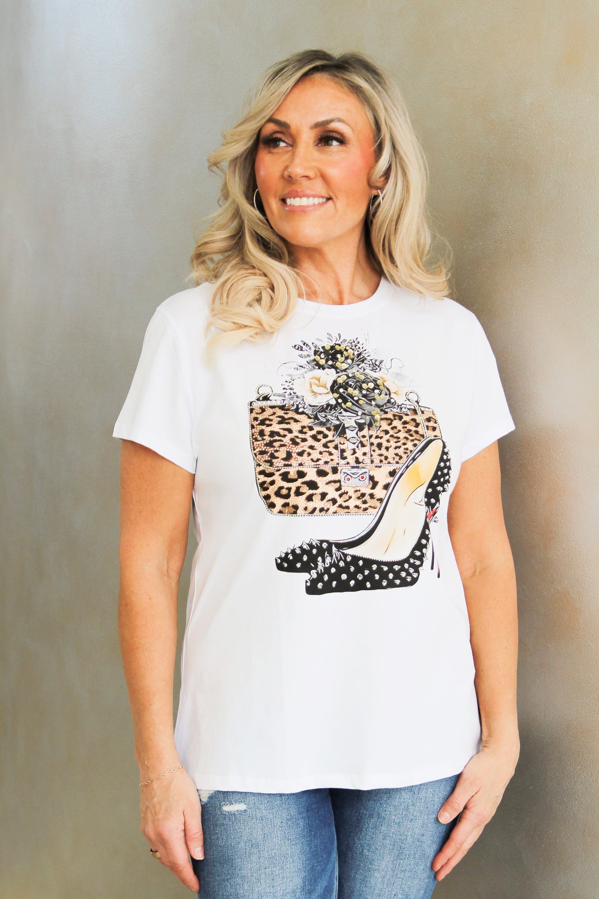 Spiked Heels &amp; Animal Print Handbag Floral Accent Graphic Tee