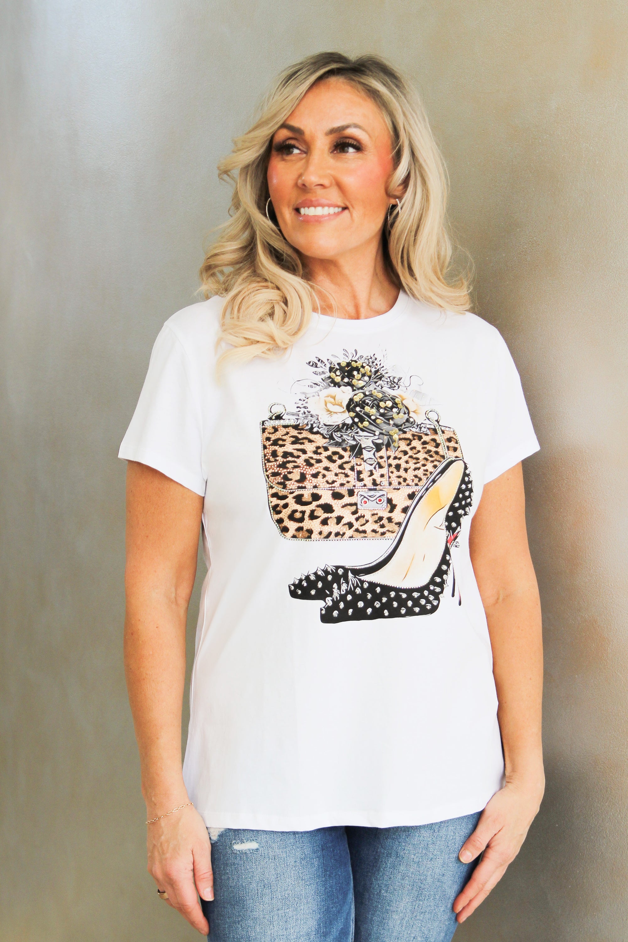 Spiked Heels & Animal Print Handbag Floral Accent Graphic Tee