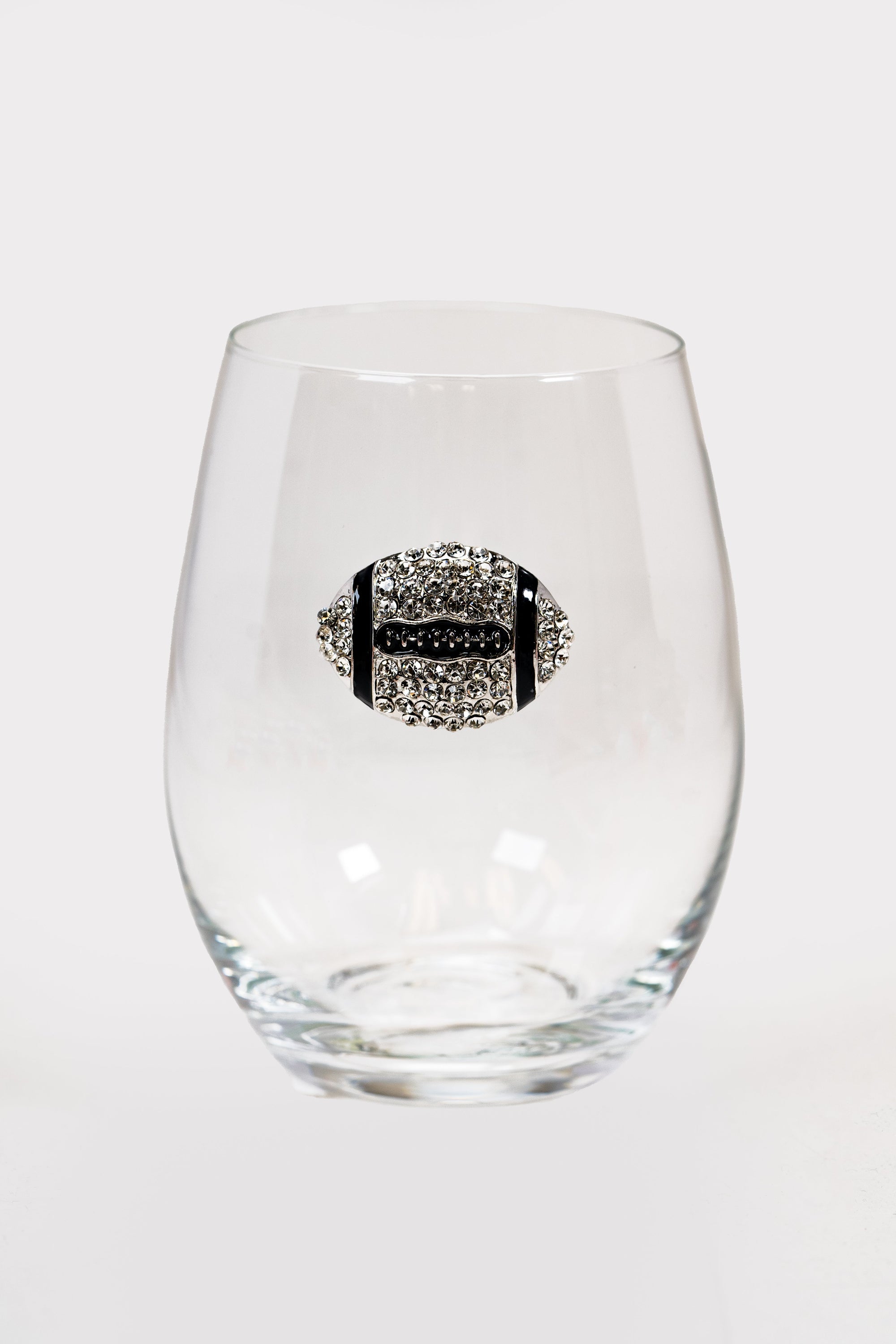 Rhinestone Silver & Black Football Stemless Wine Glass