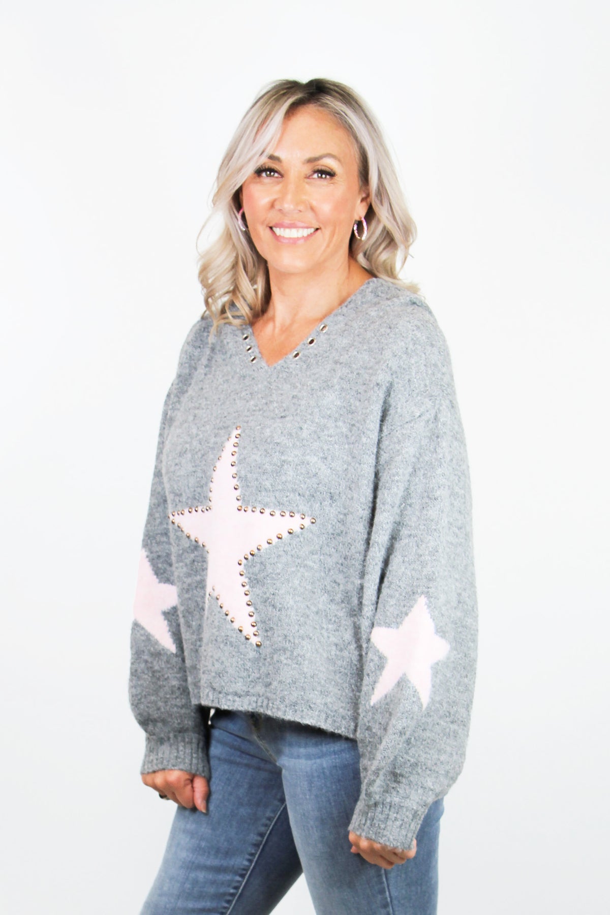 Cropped Hoodie Sweater w/ Studded Star Detail