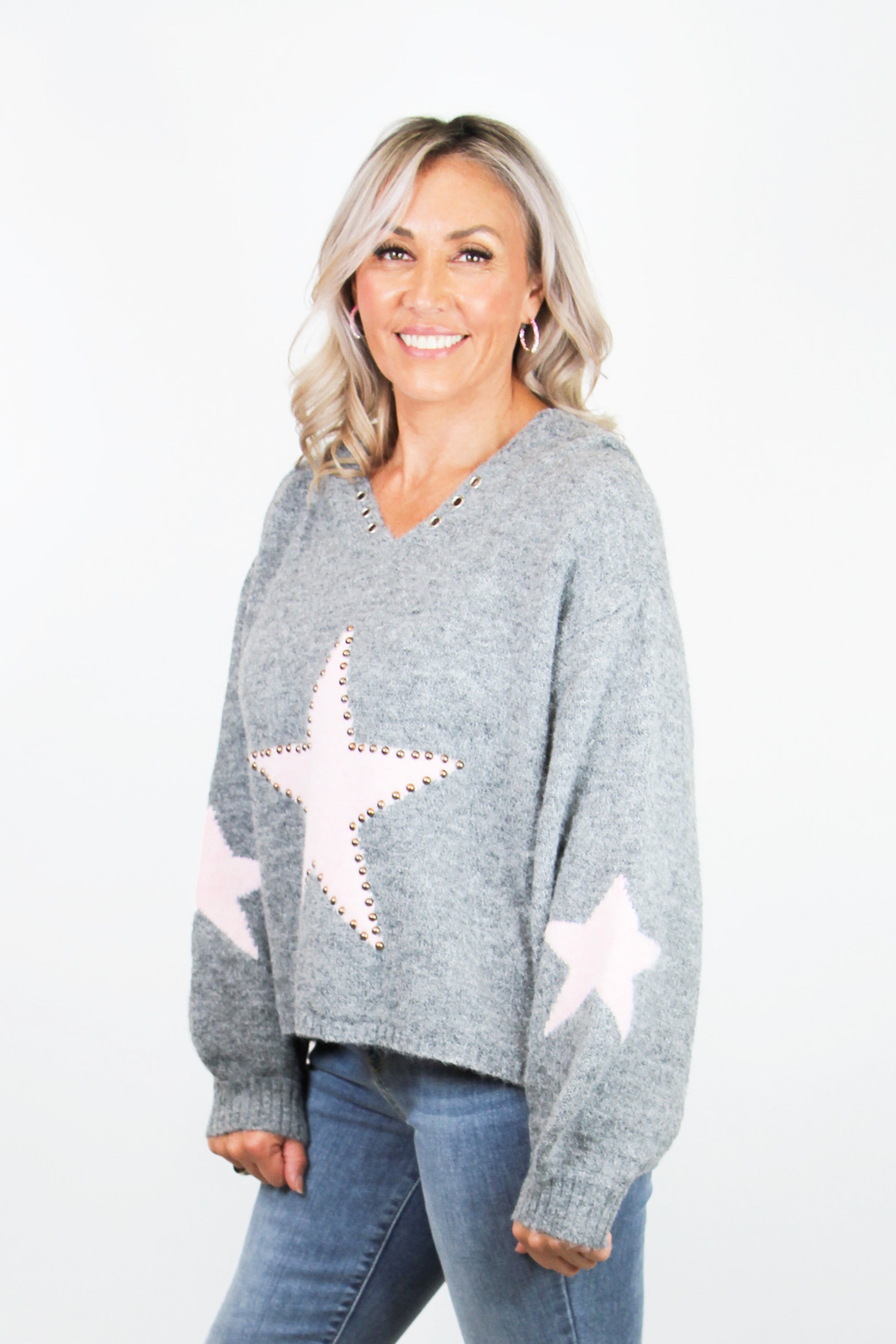 Cropped Hoodie Sweater w/ Studded Star Detail