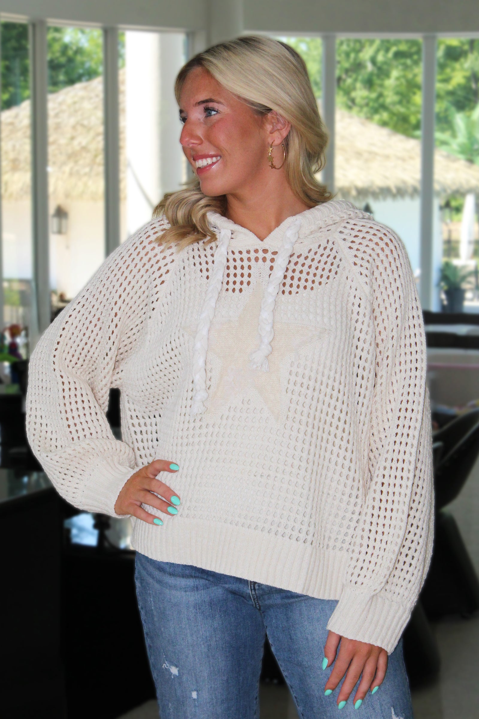 Open Weave Sweater Top With Star Patch And Braided Pulls