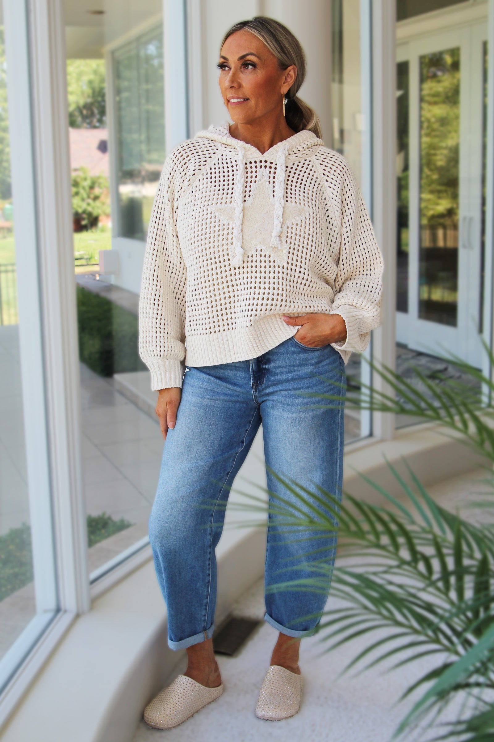 Open Weave Sweater Top With Star Patch And Braided Pulls
