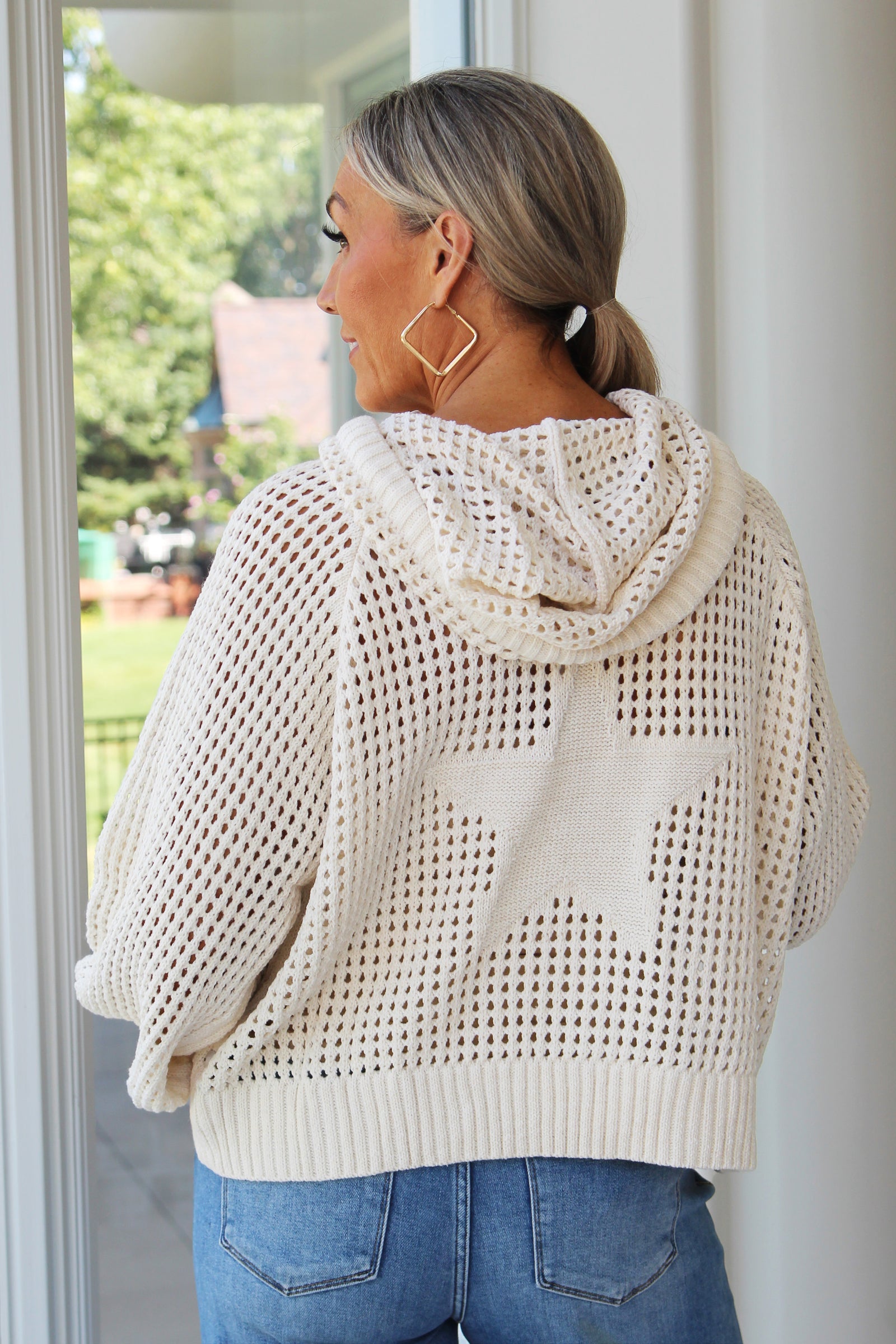 Open Weave Sweater Top With Star Patch And Braided Pulls
